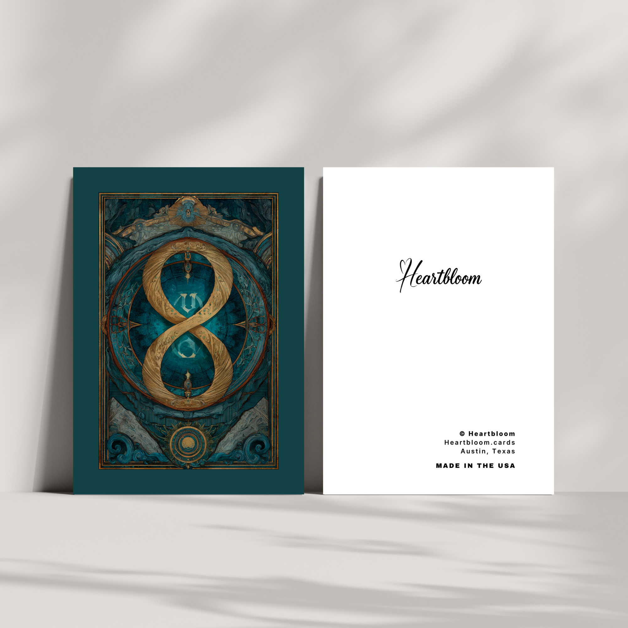 Decorative card with intricate design and 'Heartbloom' branding on a white background