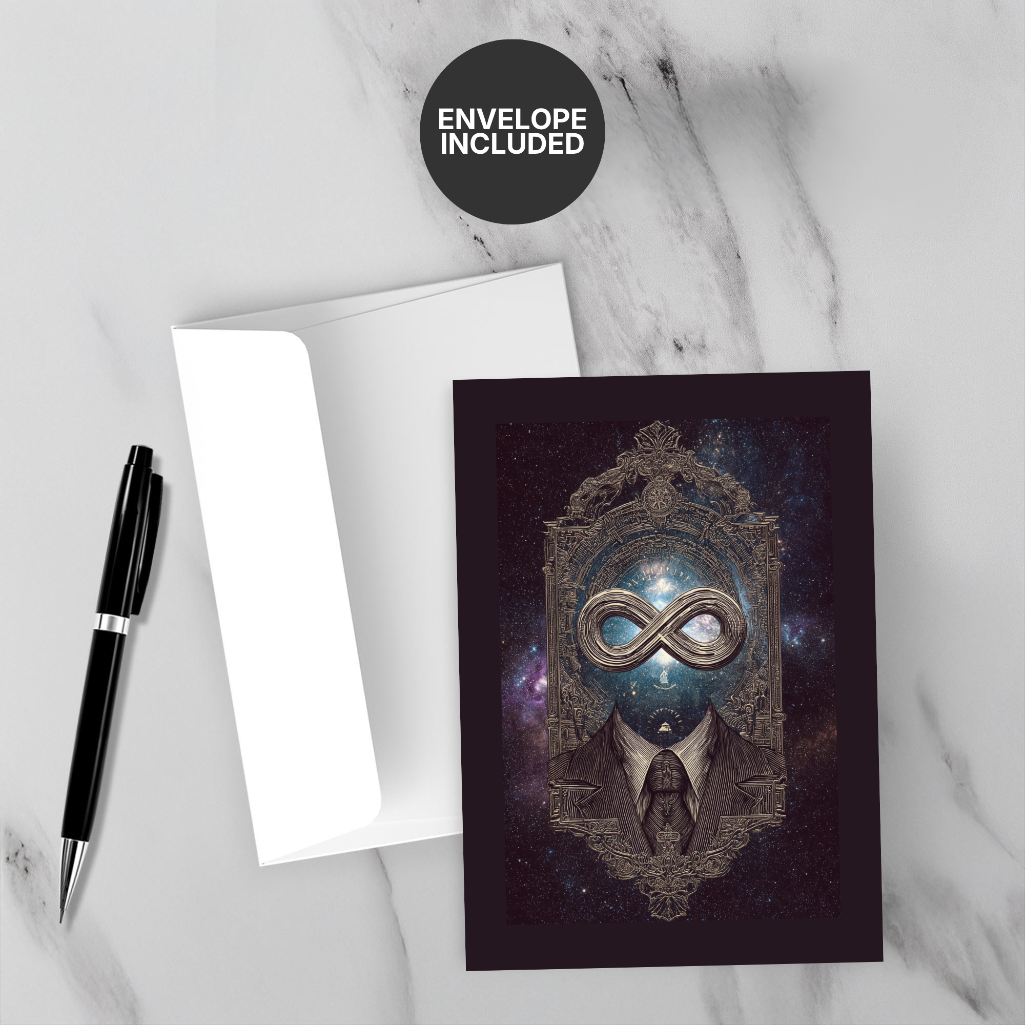 Greeting card with infinity symbol design on a marble surface with a pen and envelope.