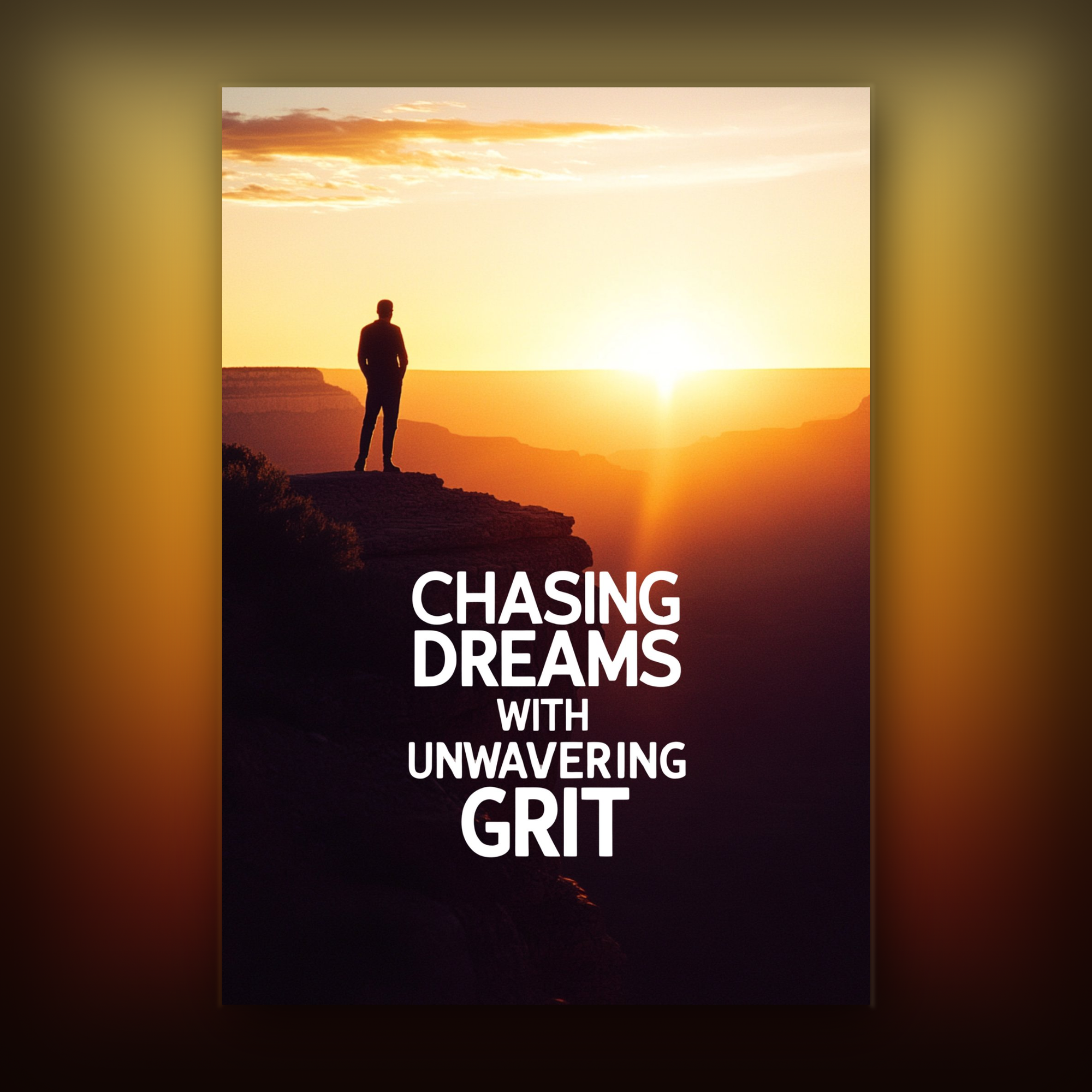 Card with silhouette of a person at sunset over a canyon and motivational quote.