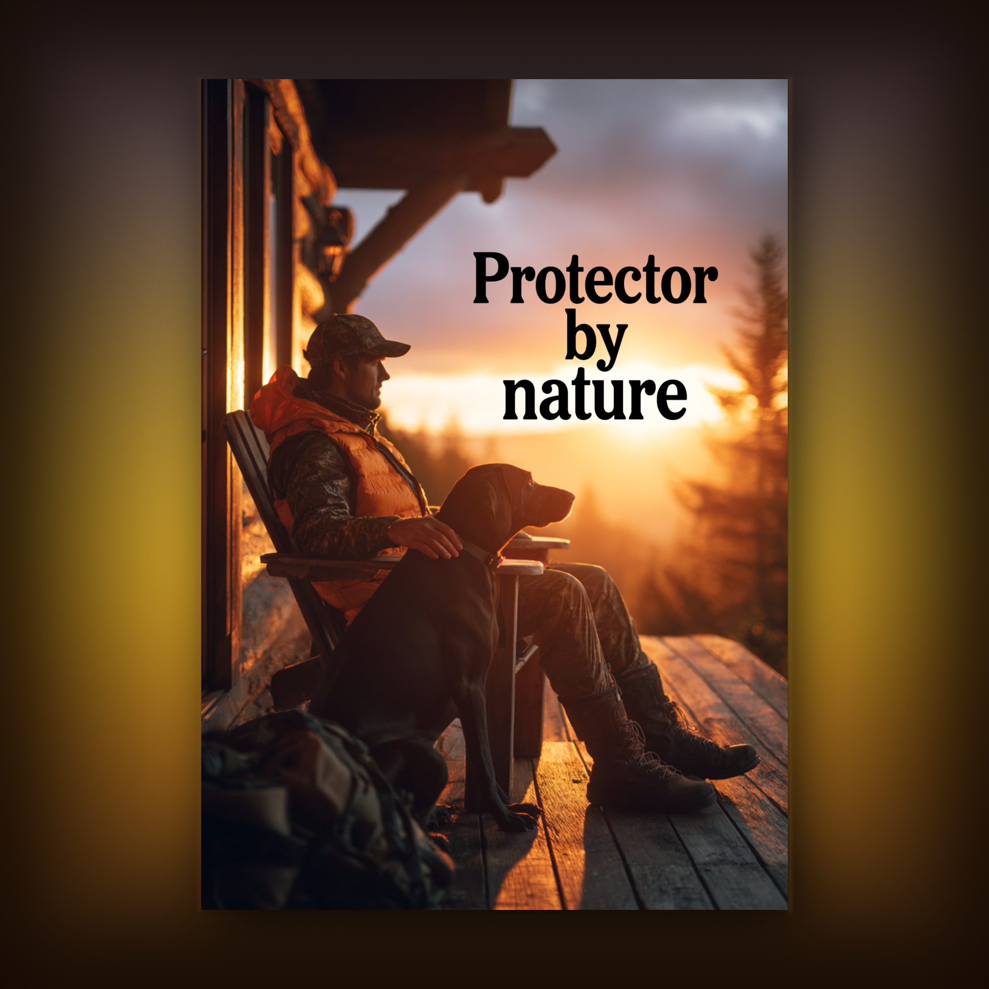 Card of a Man sitting on a porch with a dog, with text 'Protector by nature' on a gray background