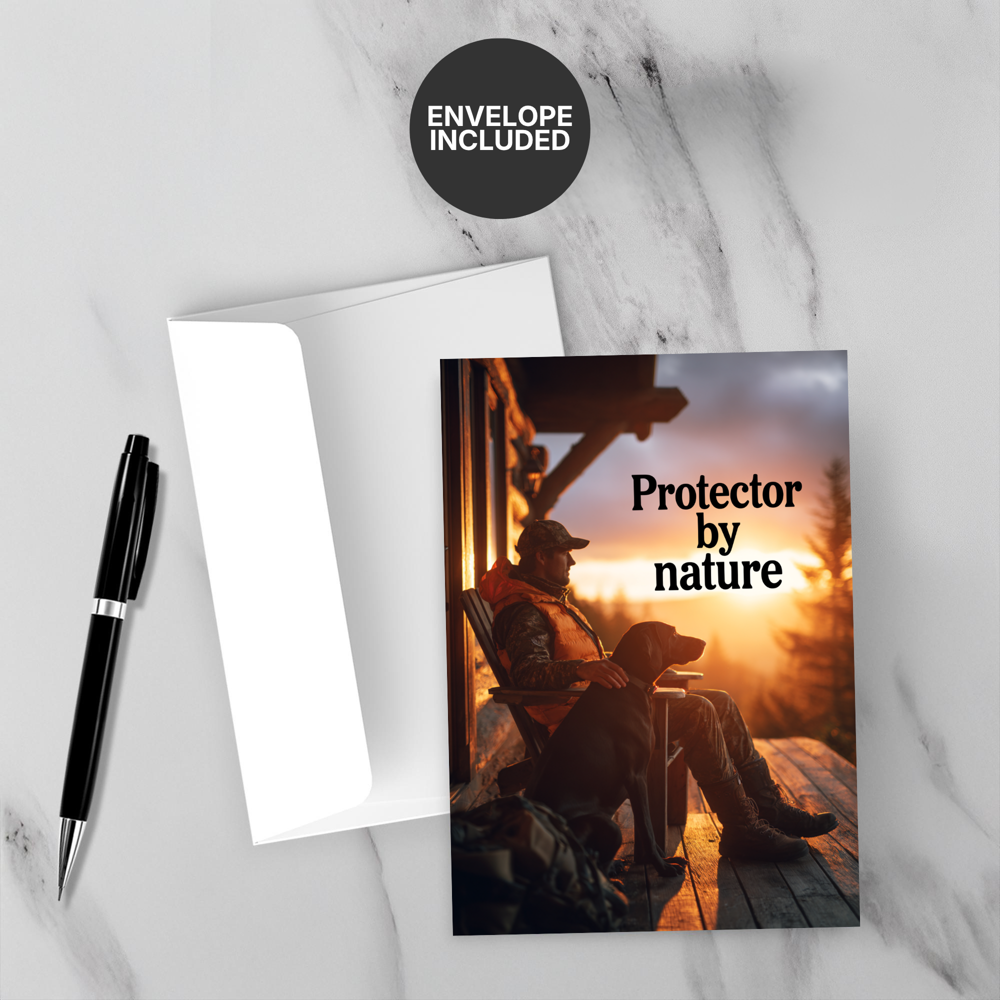 Greeting card with a person by a fire and 'Protector by nature' text, on a marble surface with a pen and envelope.
