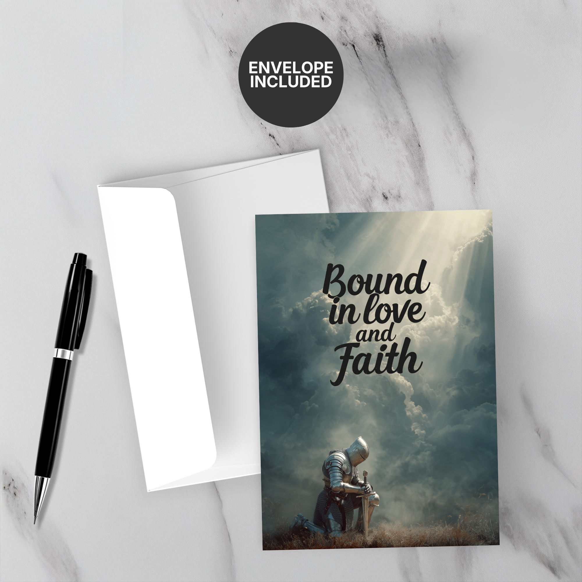 Greeting card with 'Bound in love and Faith' text, pen, and envelope on marble surface