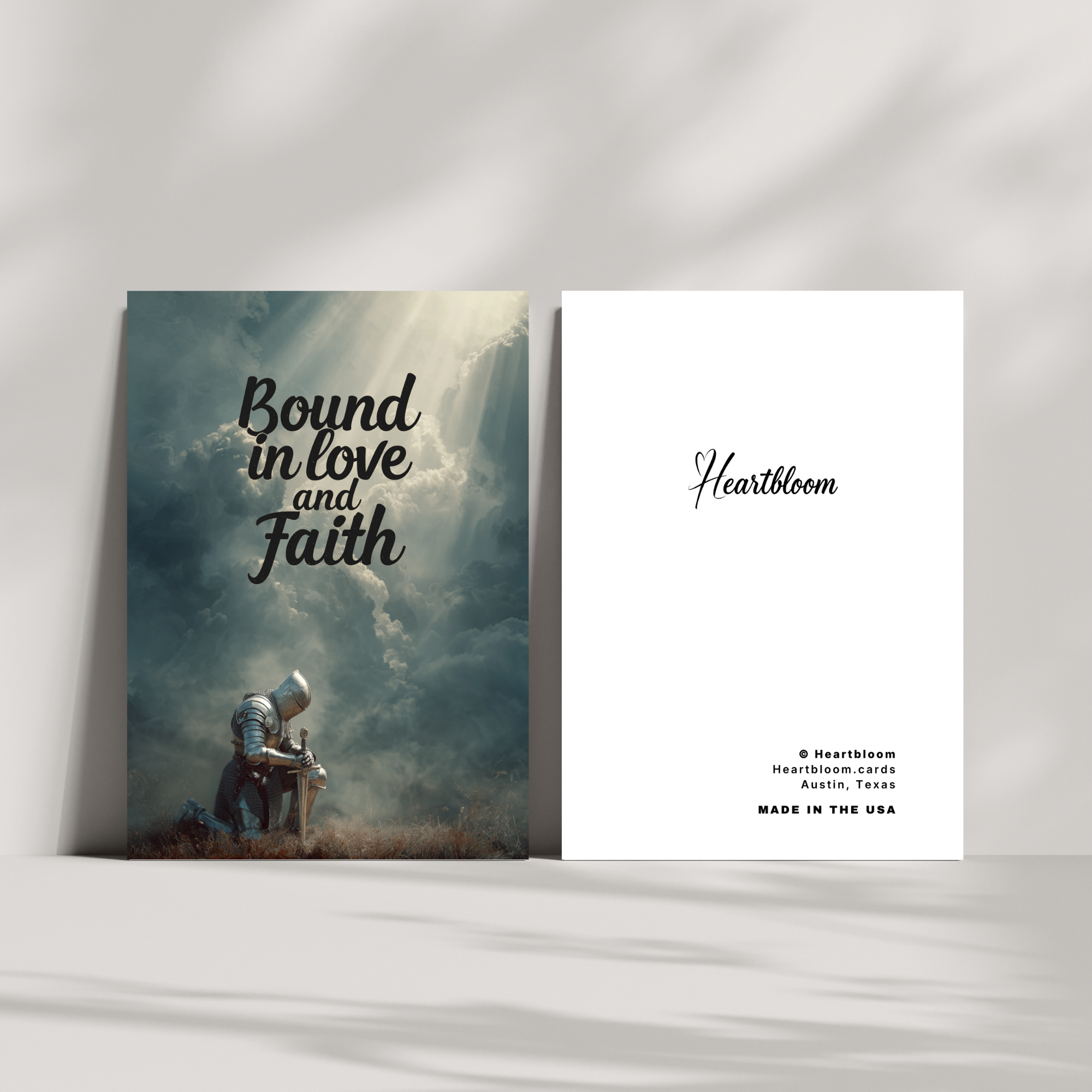 Card with a person sitting under a cloud with 'Bound in love and Faith' text, and 'Heartbloom' branding on a white background.