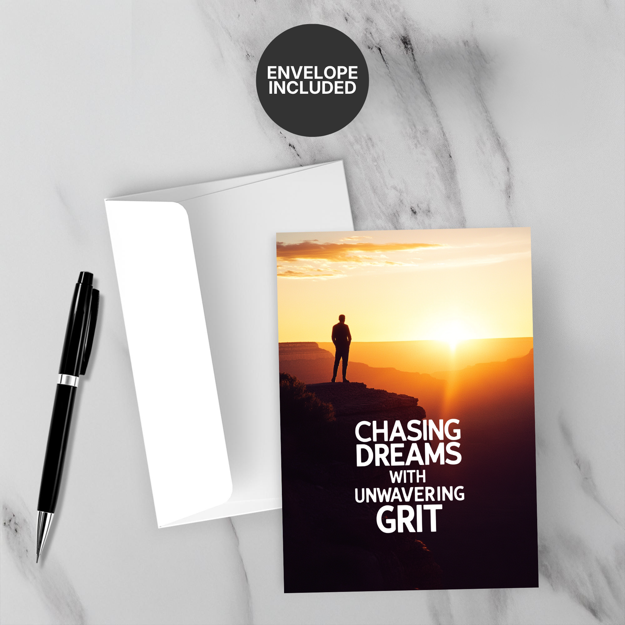 Motivational card with sunset design and text 'Chasing Dreams with Unwavering Grit' on a marble surface with a pen and envelope.