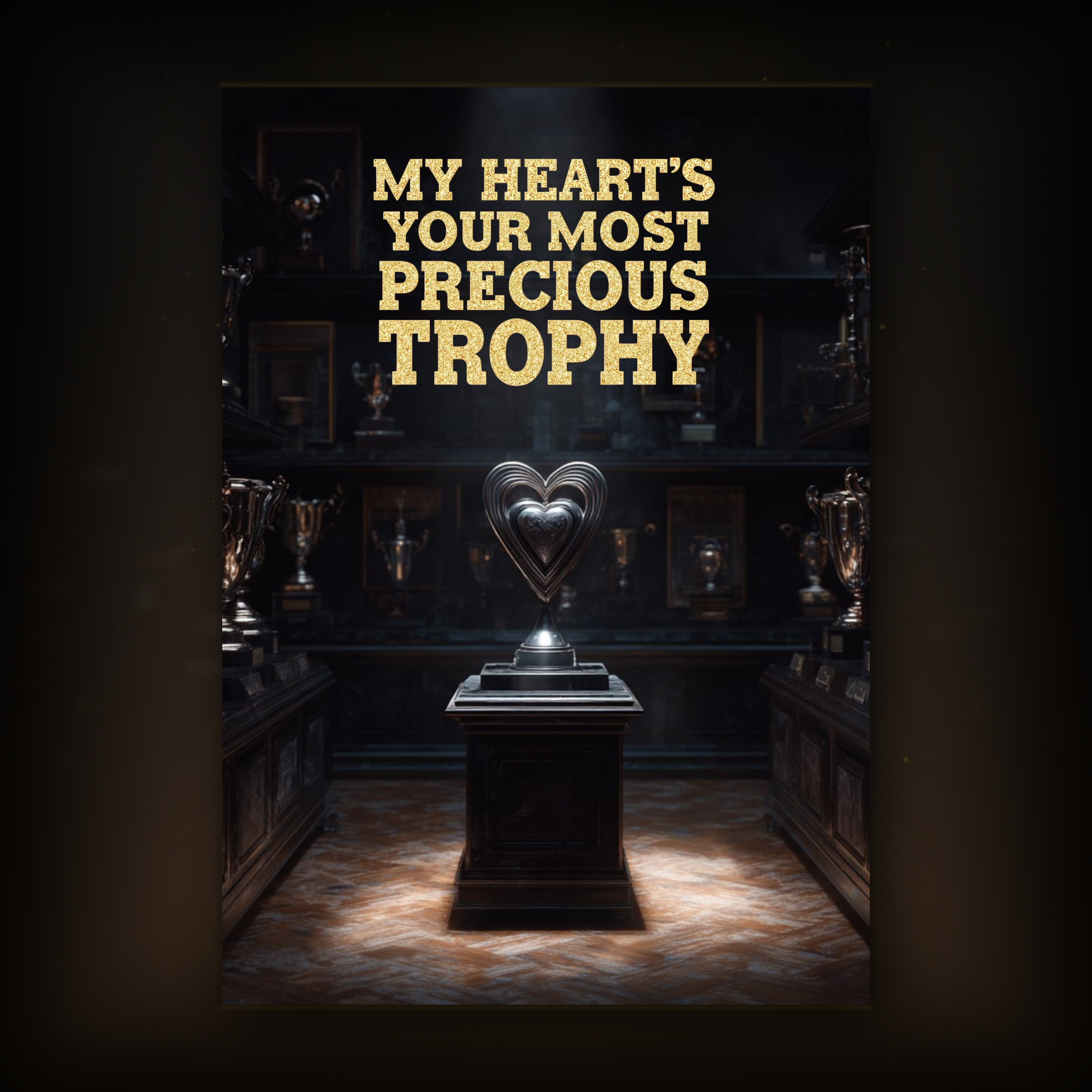 Card with trophies and a heart-shaped sculpture, featuring gold text.