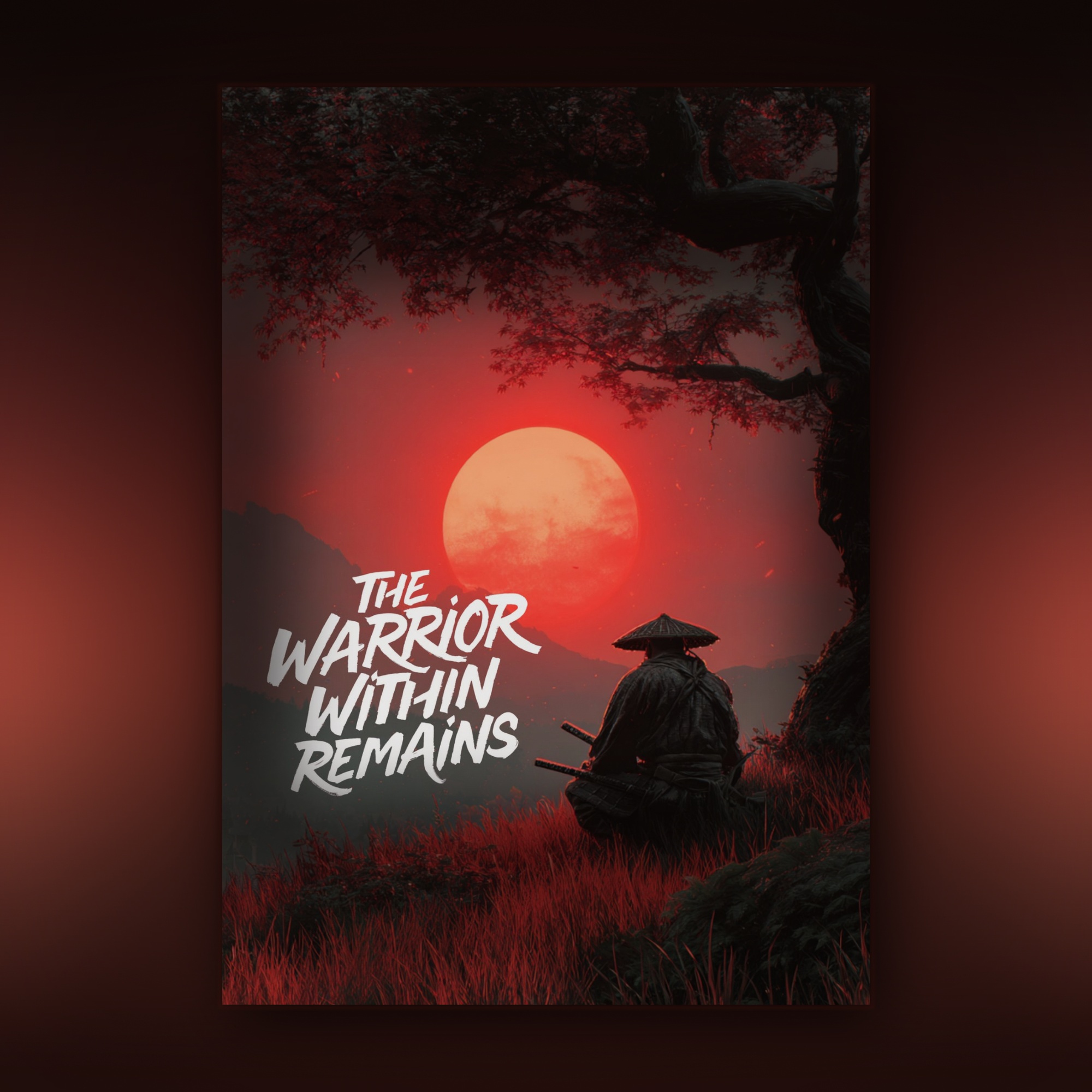 Card with a warrior silhouette and red sunset, featuring the text 'The Warrior Within Remains'.