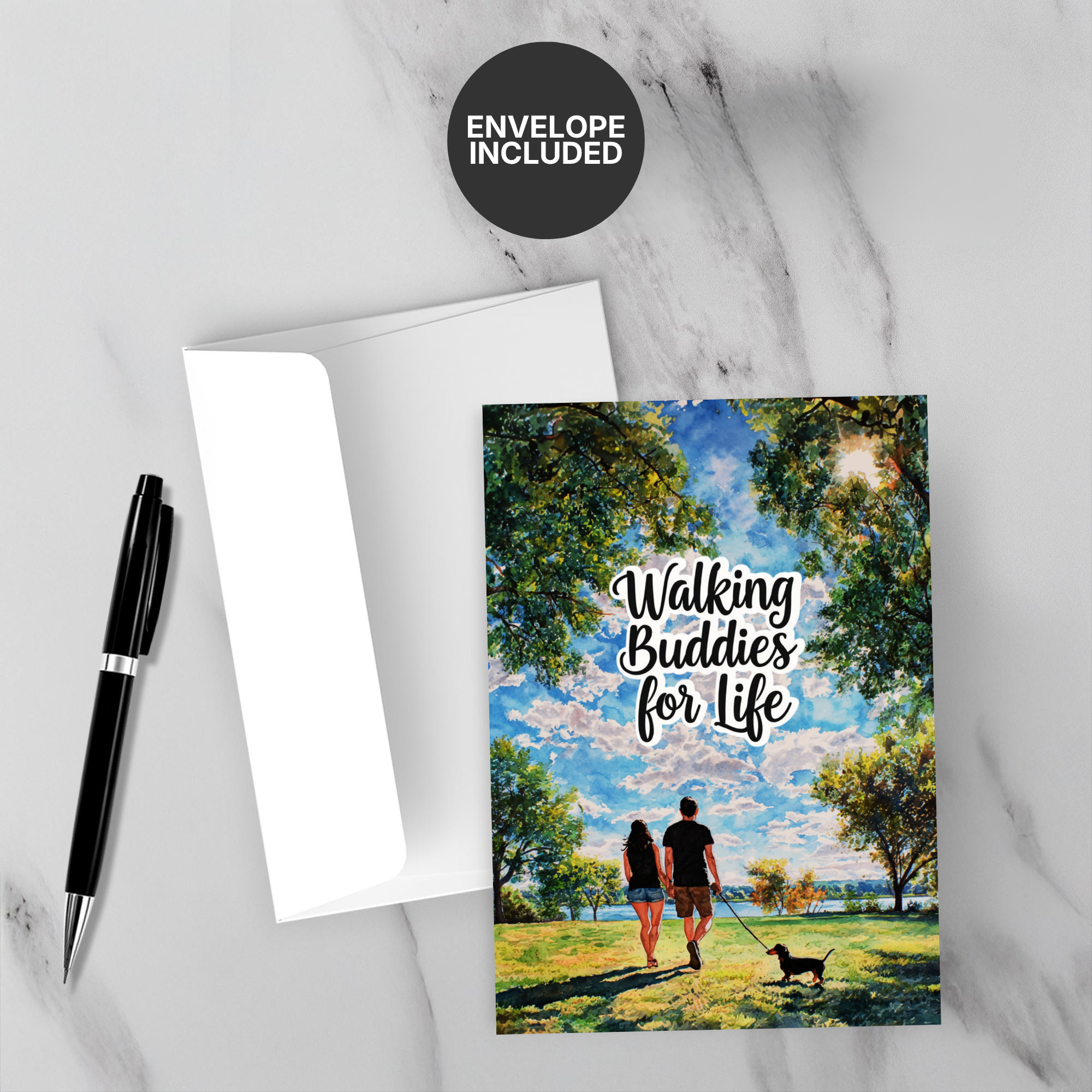 Greeting card with 'Walking Buddies for Life' text and a couple with a dog in a park, accompanied by a pen and envelope on a marble surface.
