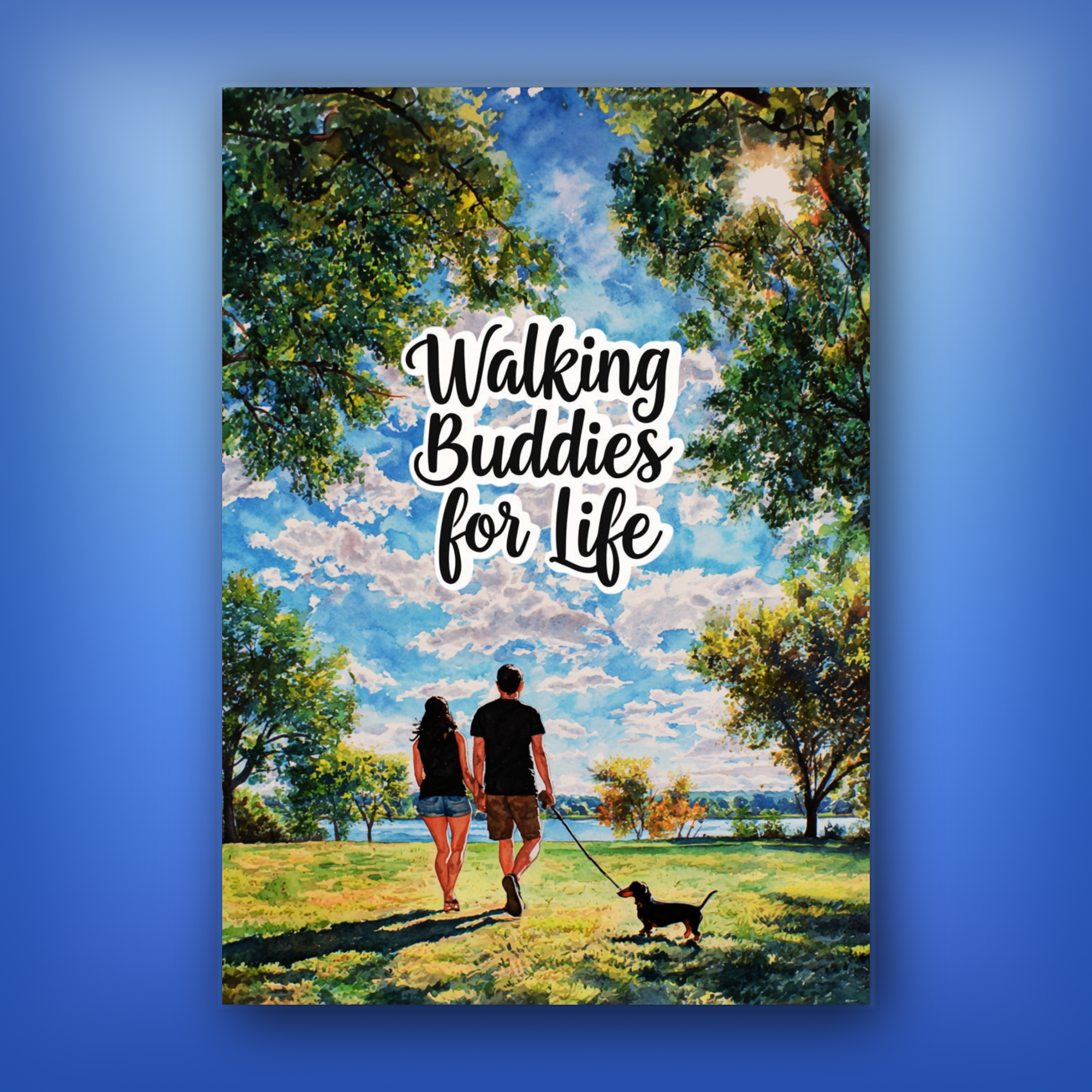 Card of a couple walking a dog with 'Walking Buddies for Life' text against a scenic background.