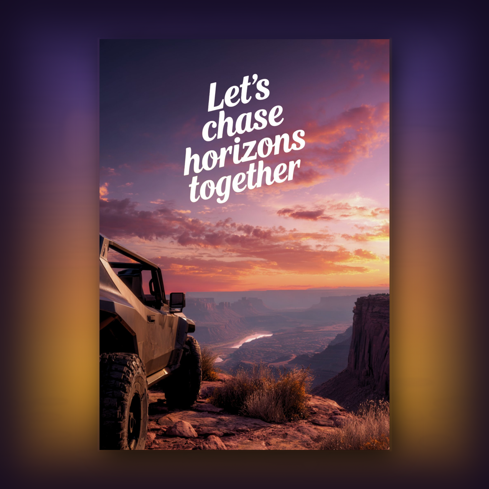 Card of SUV on a cliff with a sunset and 'Let's chase horizons together' text