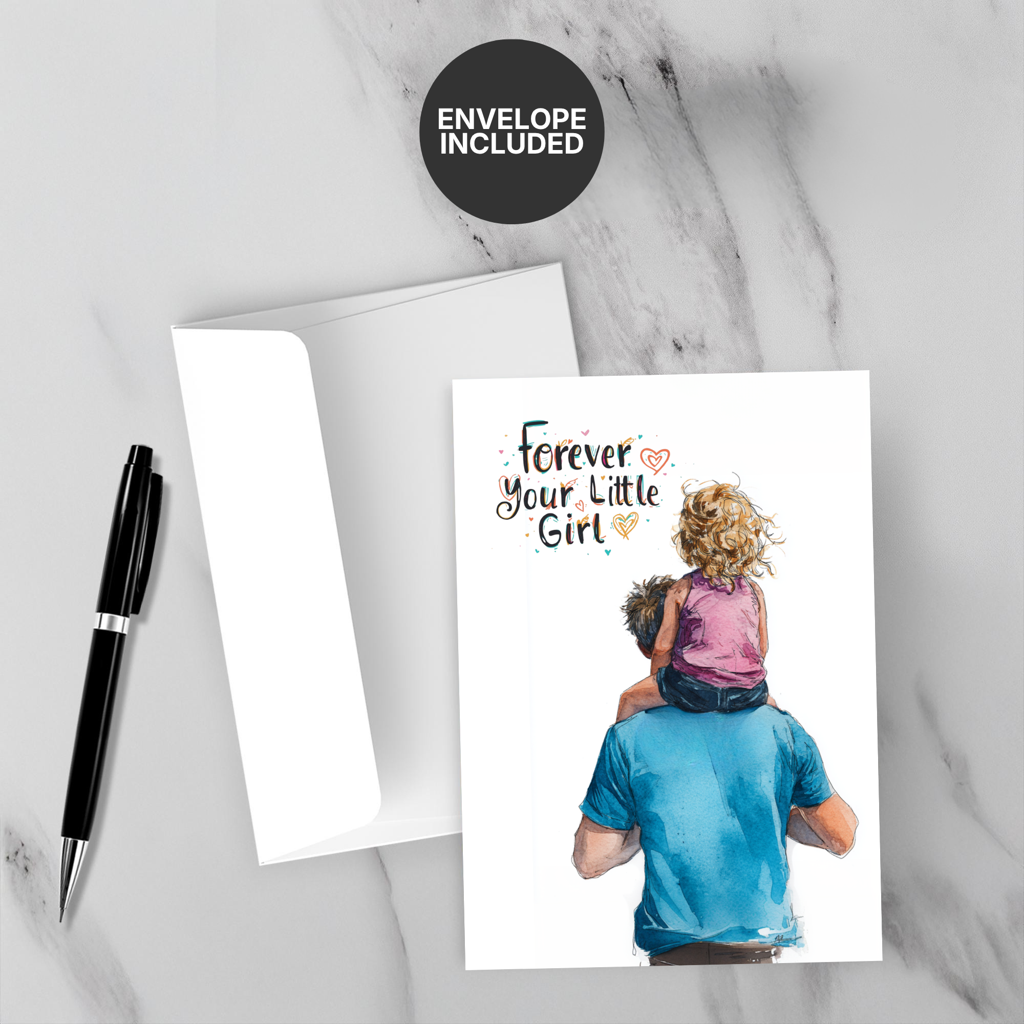 Greeting card with a father and daughter illustration and 'Forever Your Little Girl' text, on a marble surface with a pen and envelope.