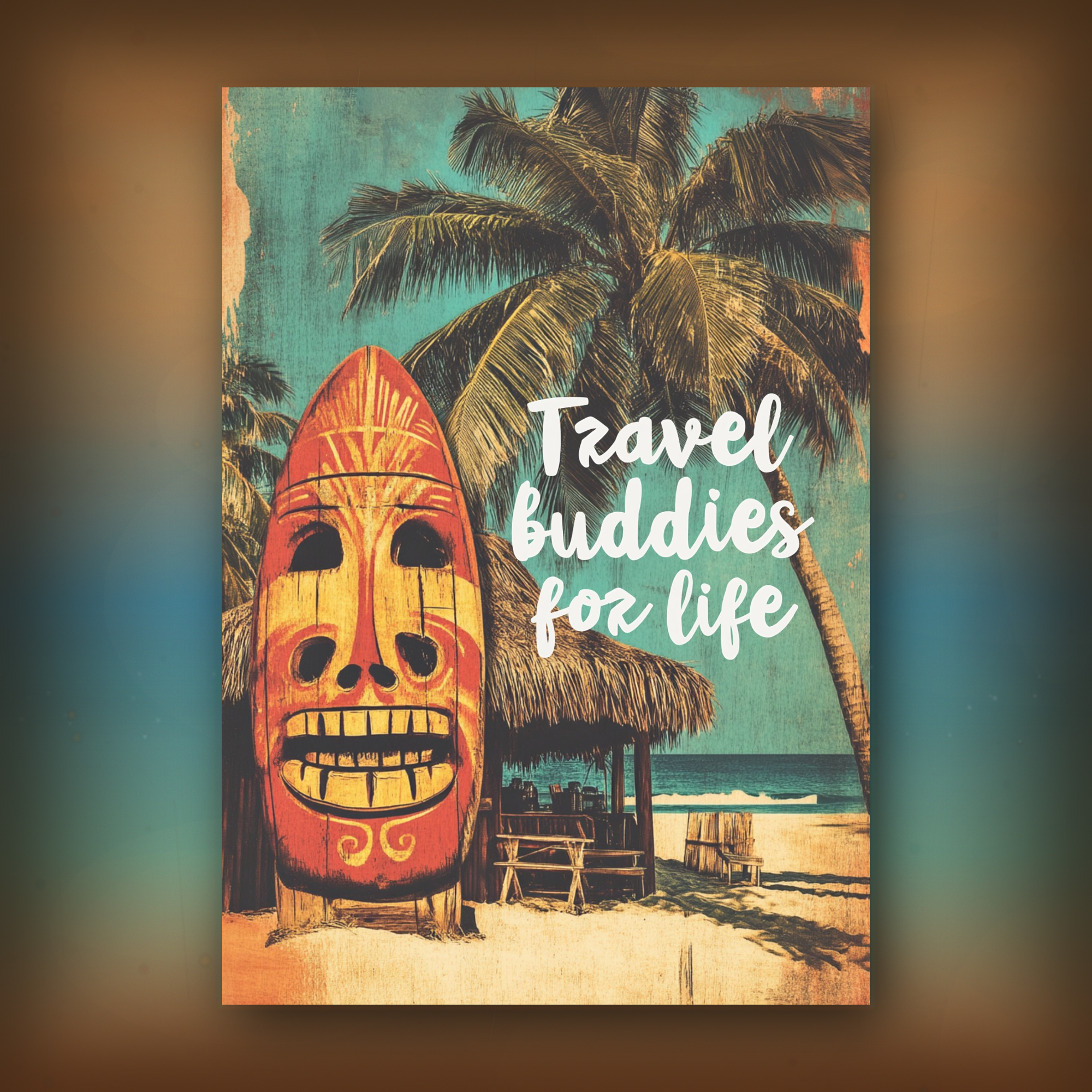 Card of beach scene with a Tiki mask and palm trees, featuring the text 'Travel buddies for life'.