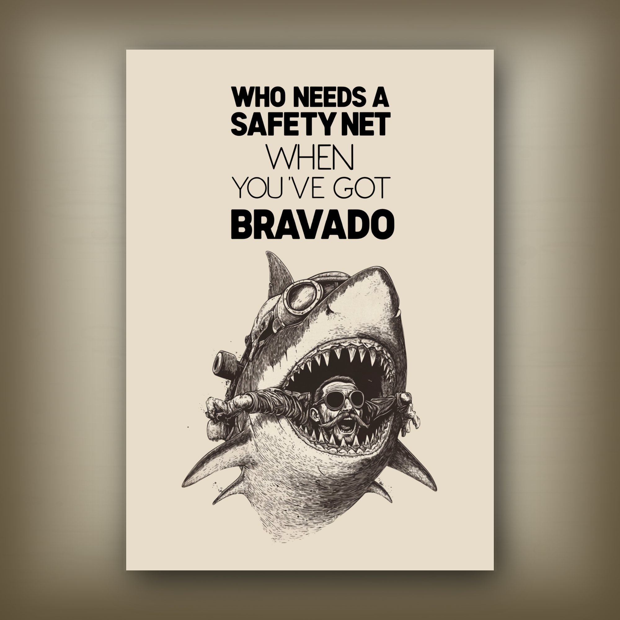 Card with a shark illustration and text on a beige background