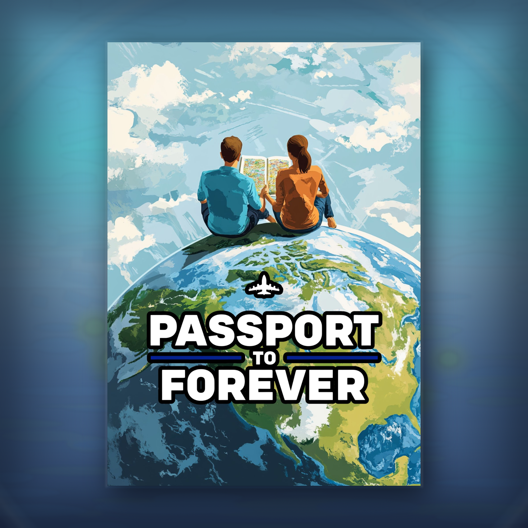 Card of two people sitting on the Earth with a map, text 'Passport to Forever' and an airplane icon.