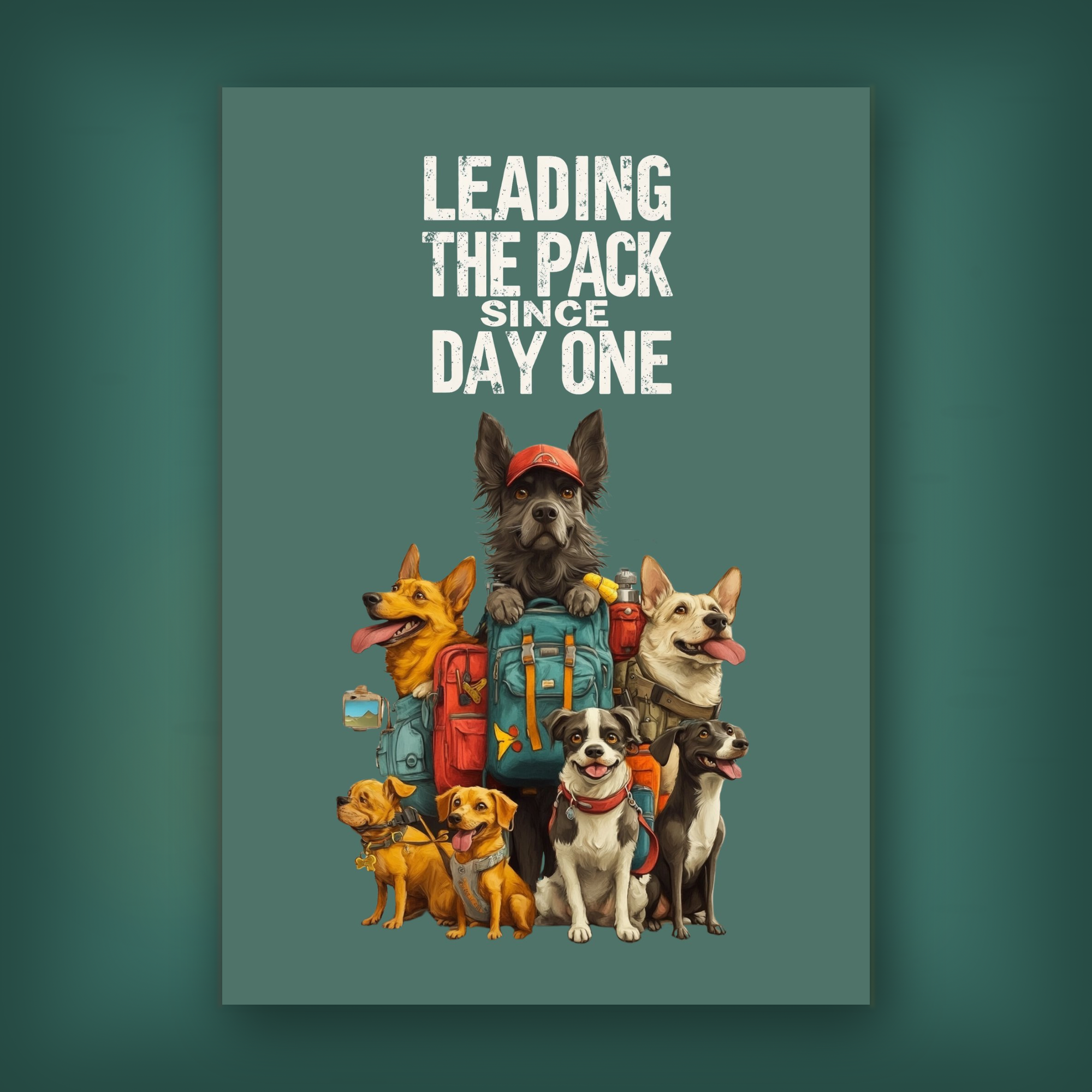 Card with illustration of dogs and text 'Leading the pack since day one' on a green background