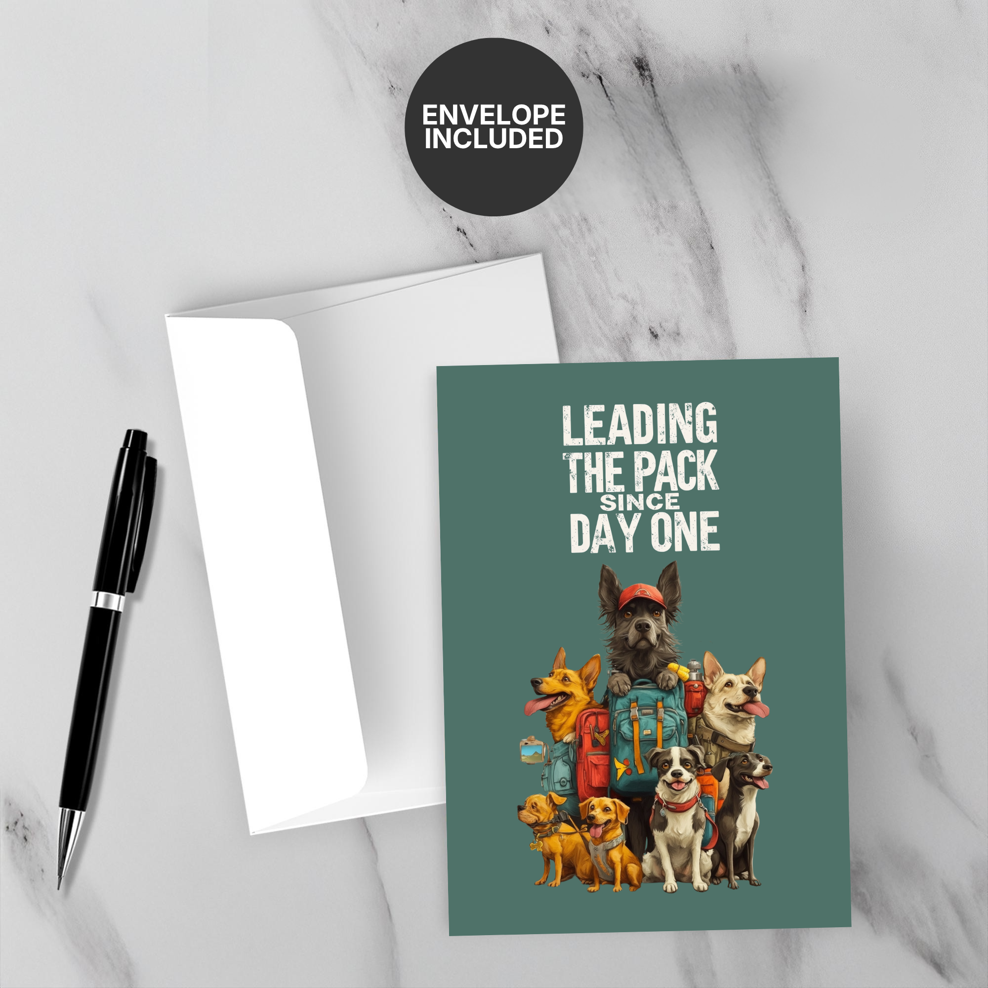 Greeting card with dogs illustration and envelope on marble surface