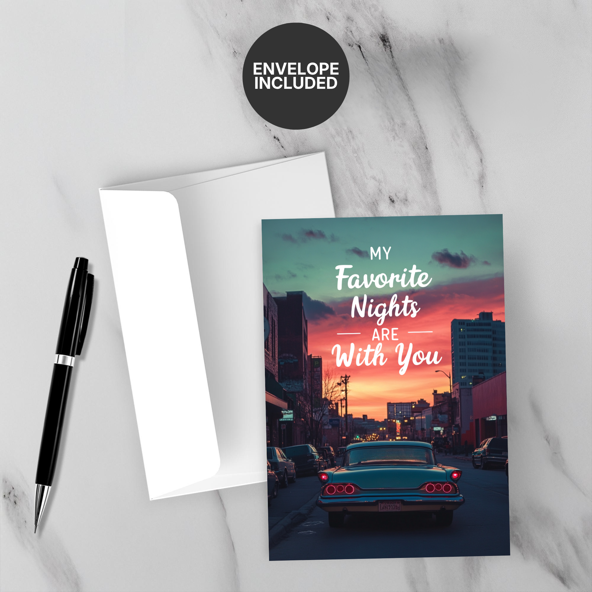 Greeting card with sunset cityscape and 'My Favorite Nights Are With You' text, envelope included.