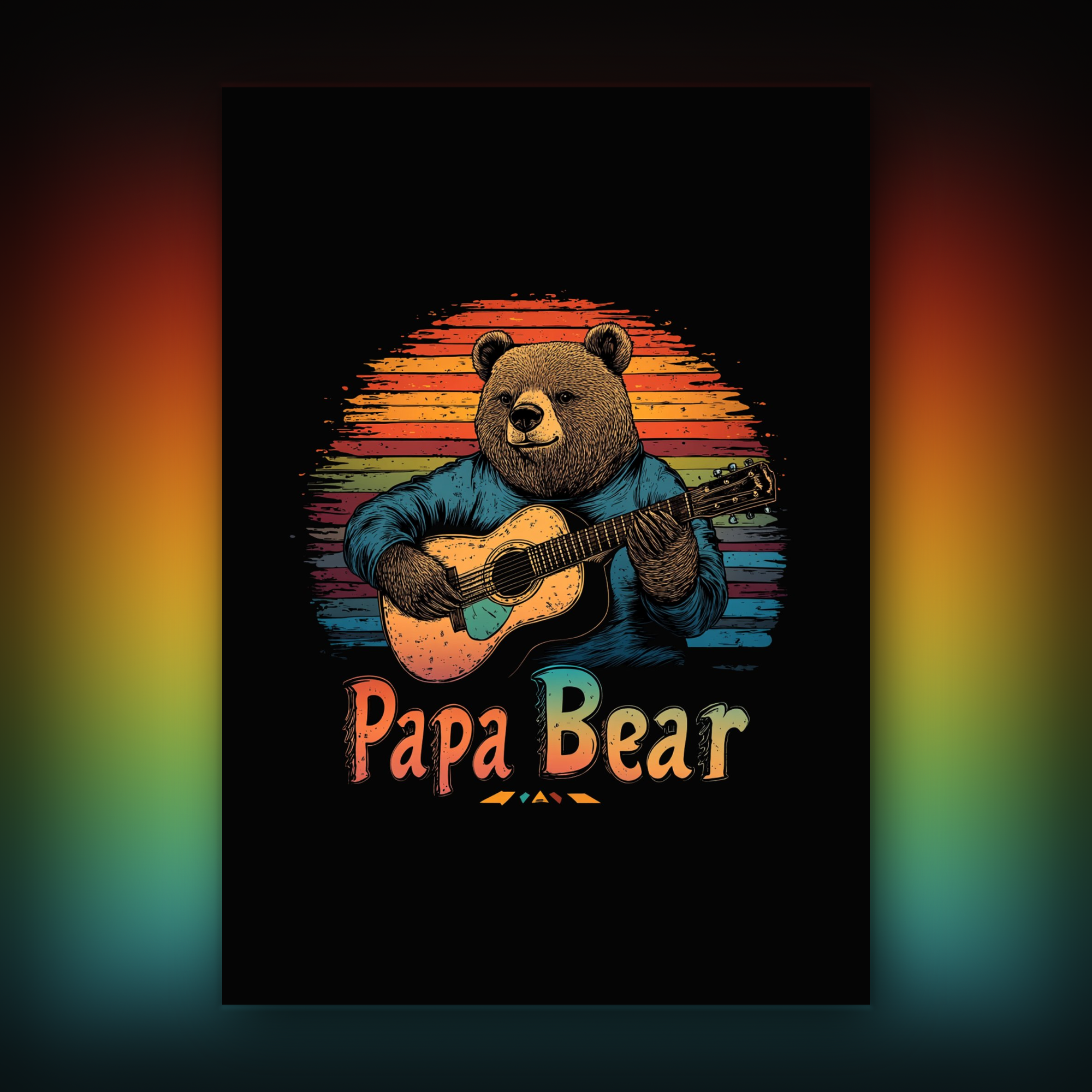 Card of a bear playing guitar with 'Papa Bear' text against a sunset background