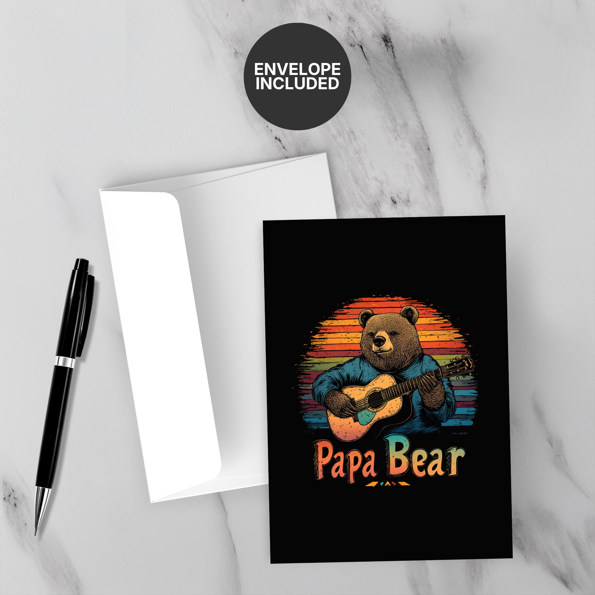Greeting card with bear playing guitar and 'Papa Bear' text on a black background, with an envelope included.