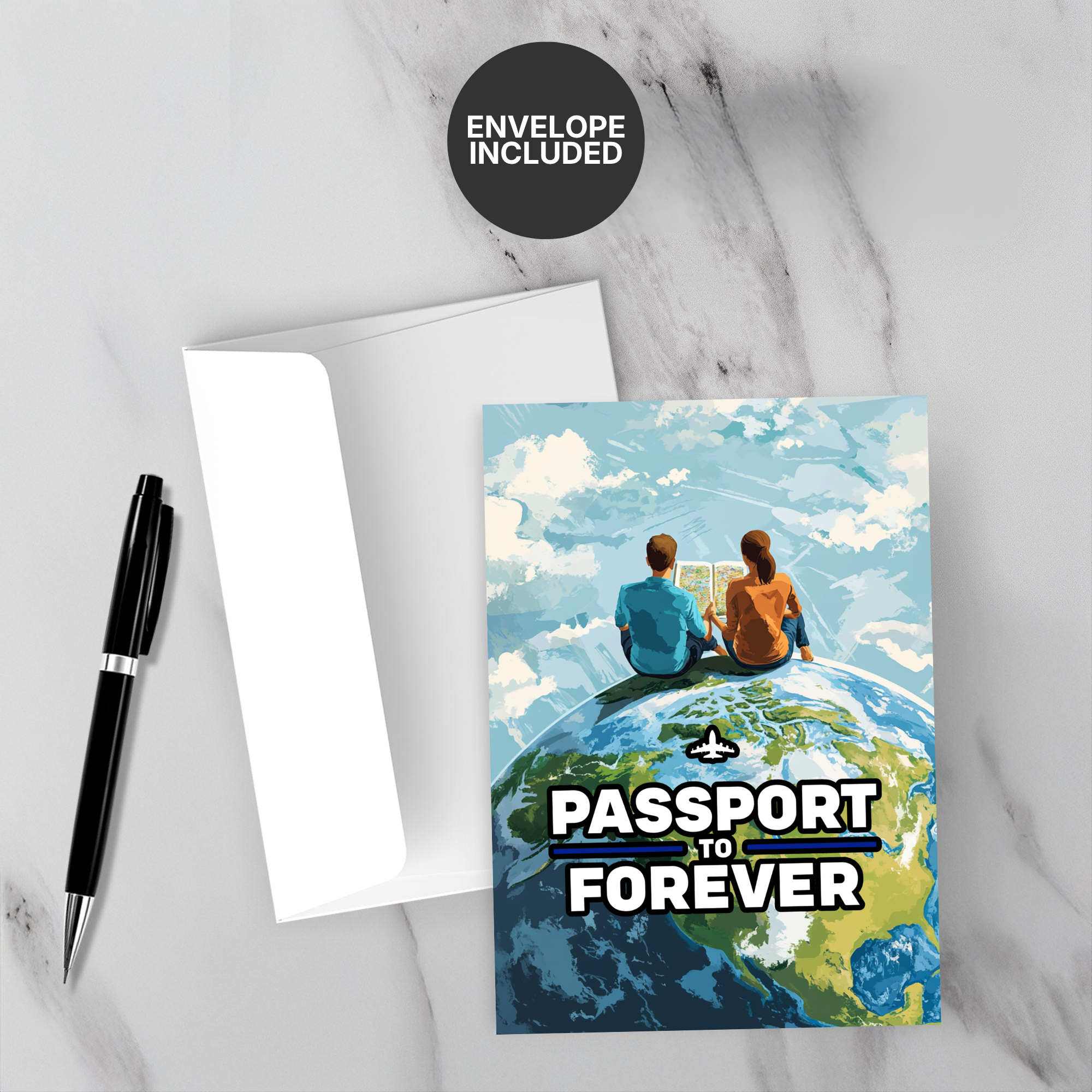 Greeting card with 'Passport to Forever' text and two people sitting on a globe, with a pen and envelope on a marble surface.