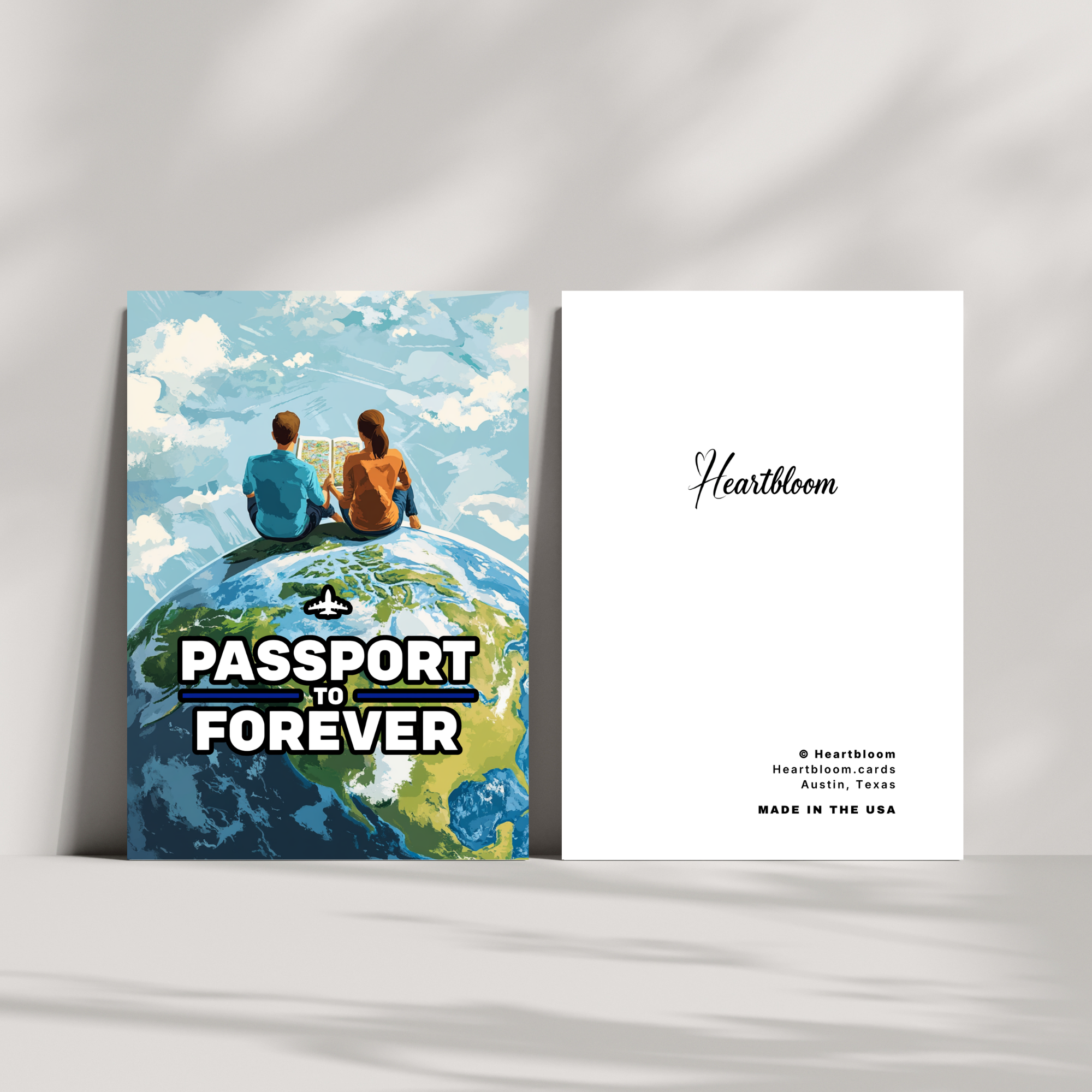 Card with 'Passport to Forever' design featuring two people on a globe, with 'Heartbloom' branding.