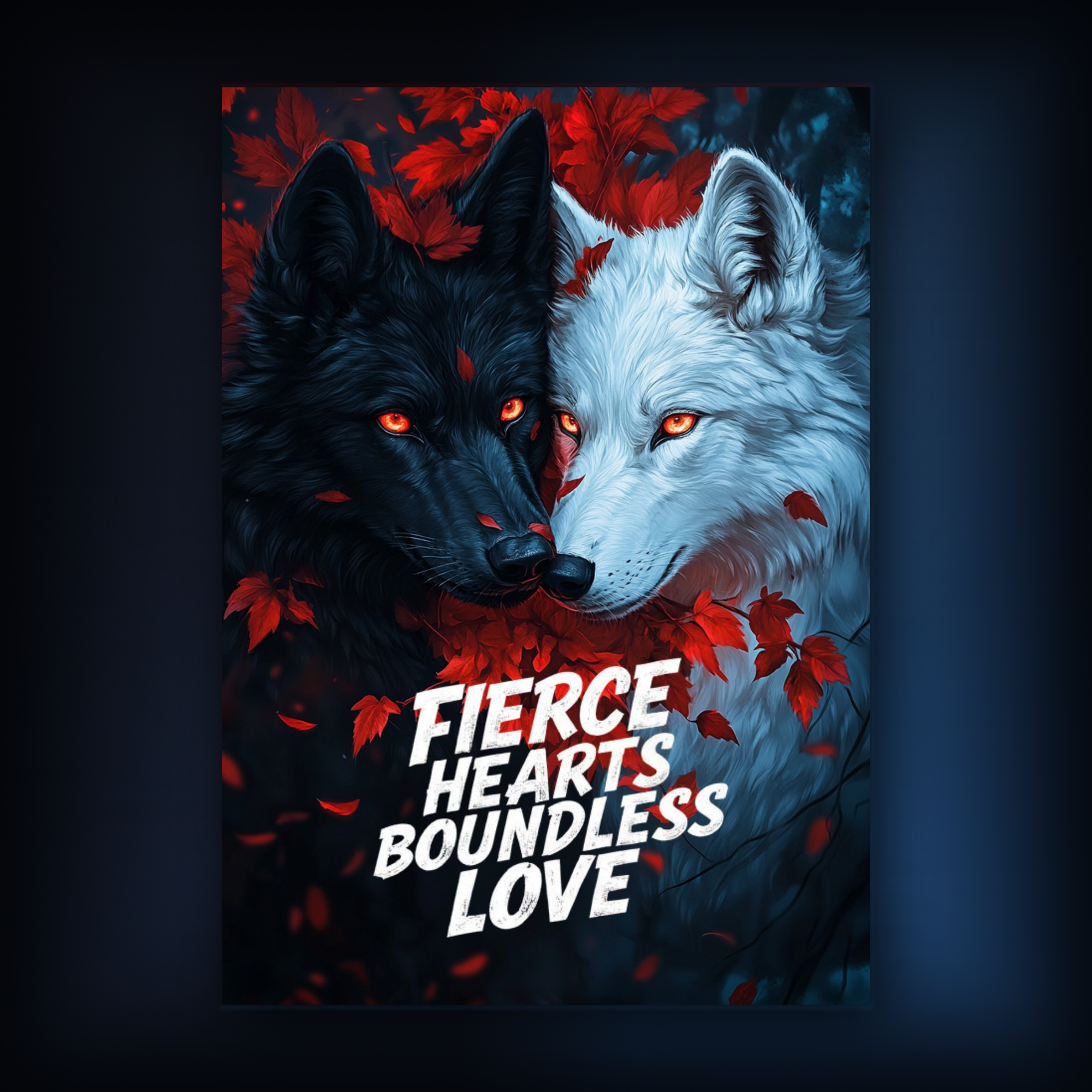 Card of two wolves facing each other and red leaves, with text 'Fierce Hearts Boundless Love' on a gray background.