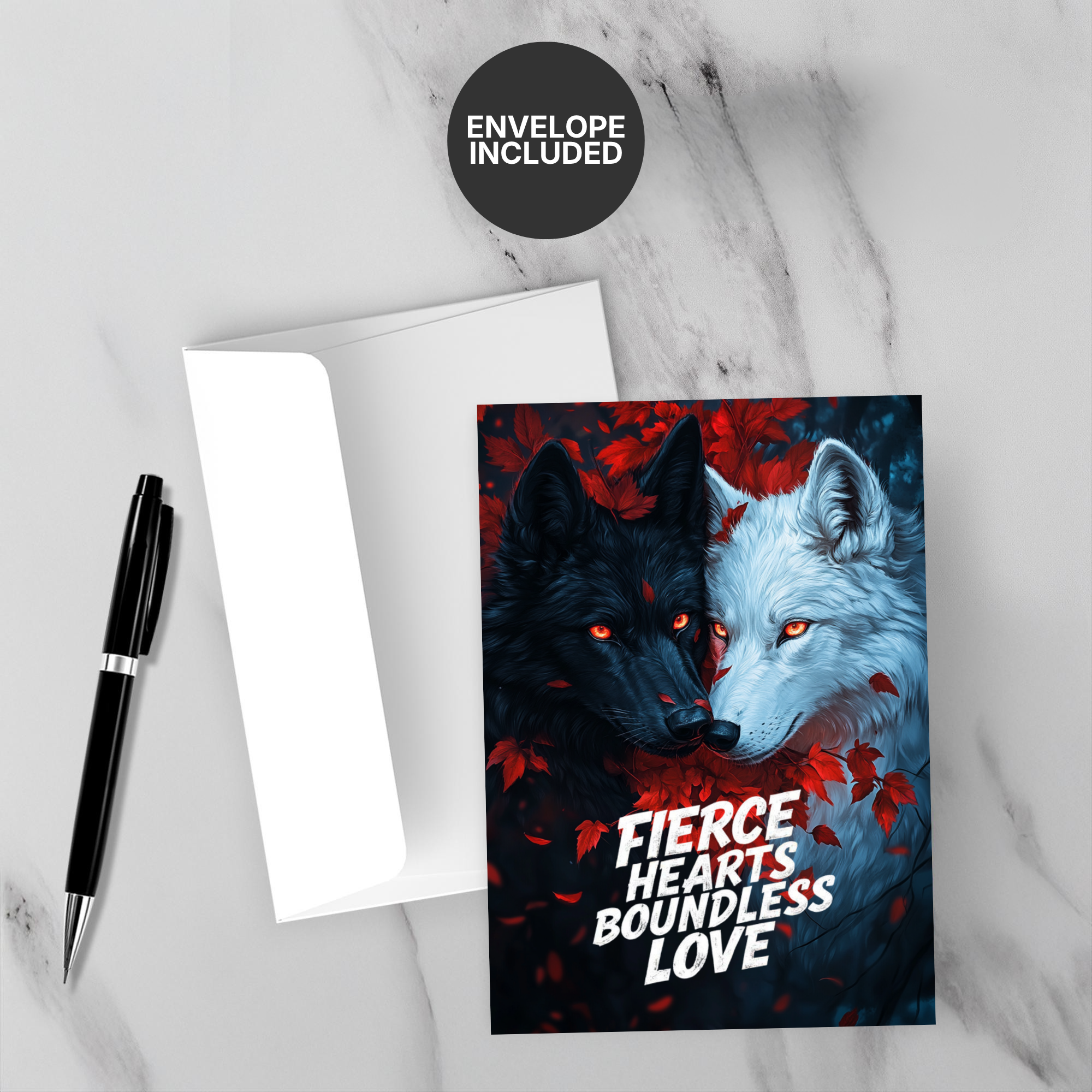 Greeting card with two wolves and text 'Fierce Hearts, Boundless Love' on a marble surface with a pen and envelope.