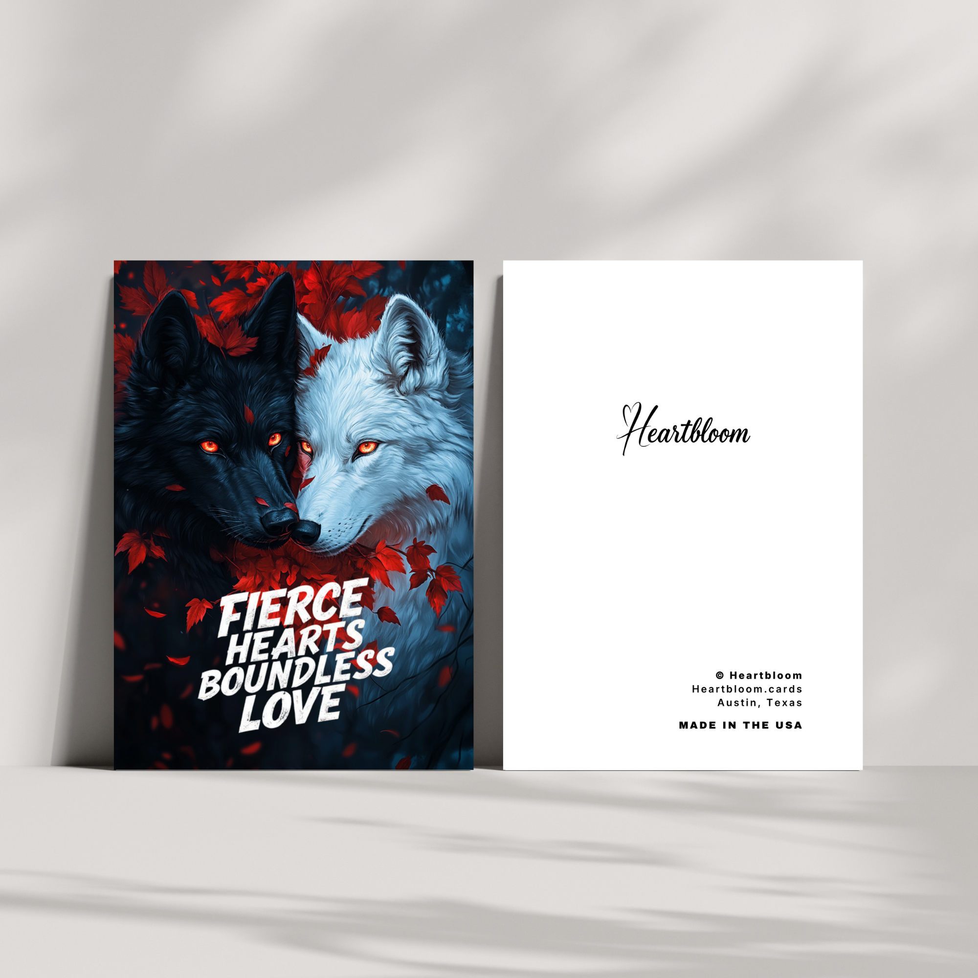 Two wolf cards with 'Fierce Hearts Boundless Love' text and 'Heartbloom' branding on a white surface.