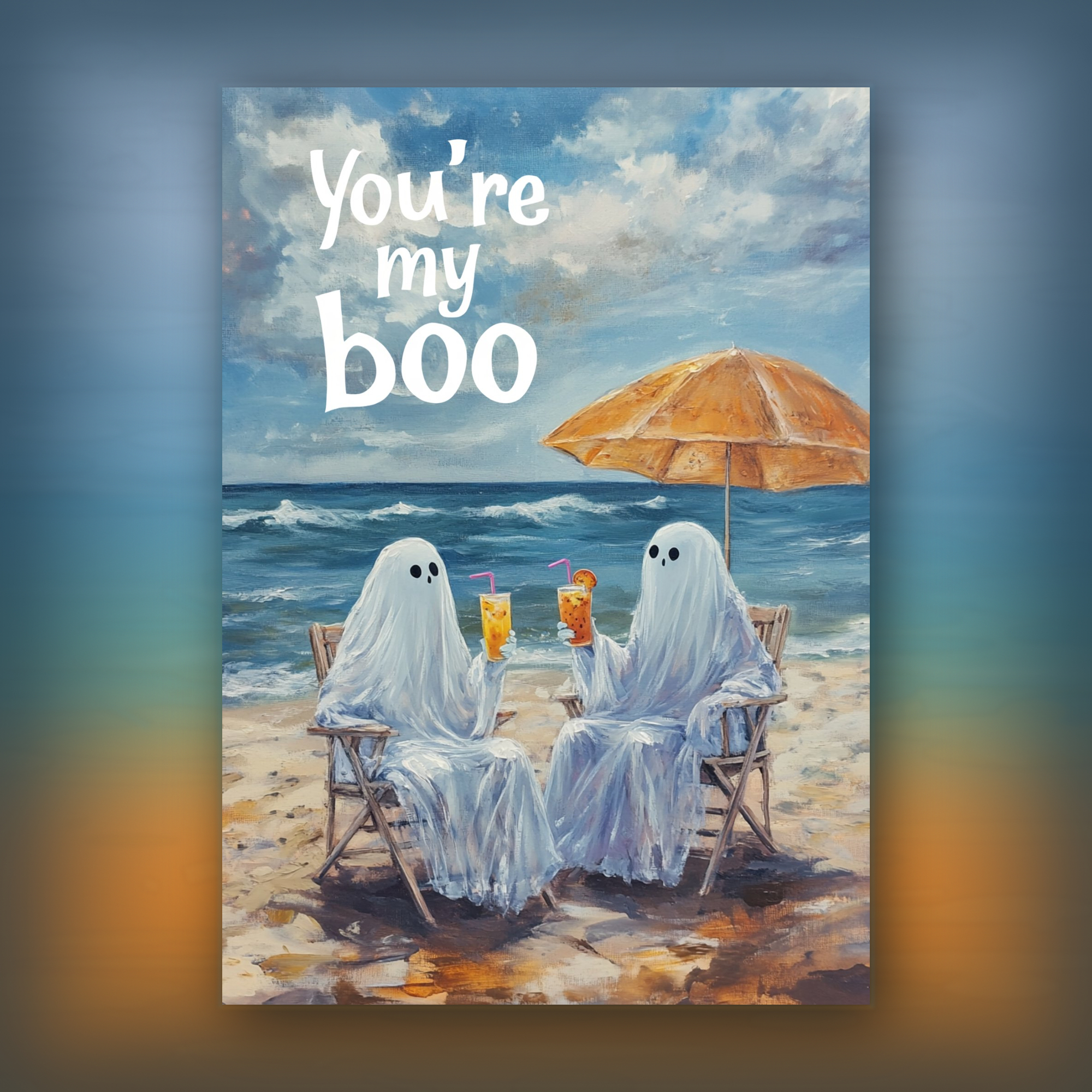 Card of two ghosts on a beach with an umbrella and drinks, with text 'You're my boo' above.