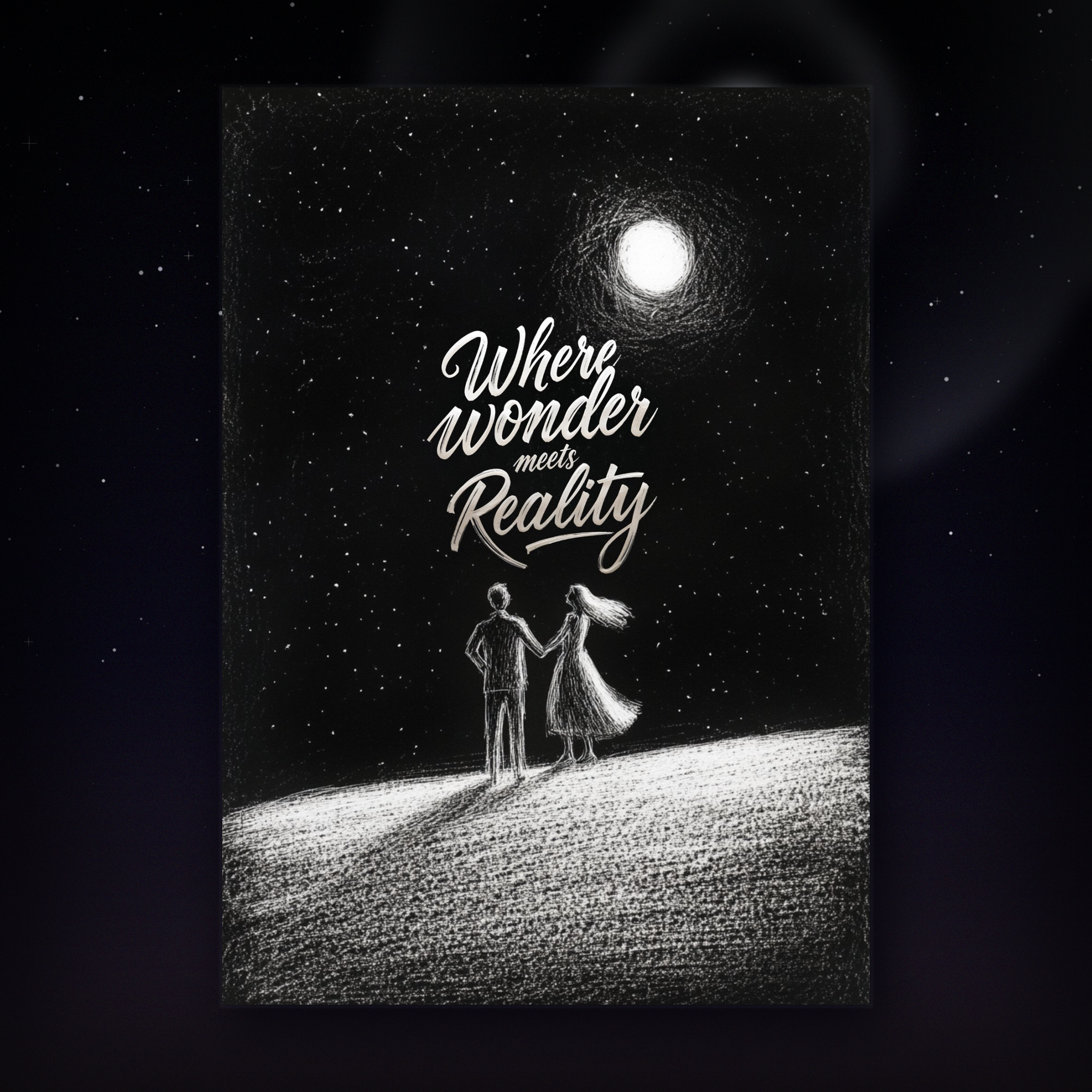 Card of a couple under a moonlit sky with 'Where wonder meets reality' text.