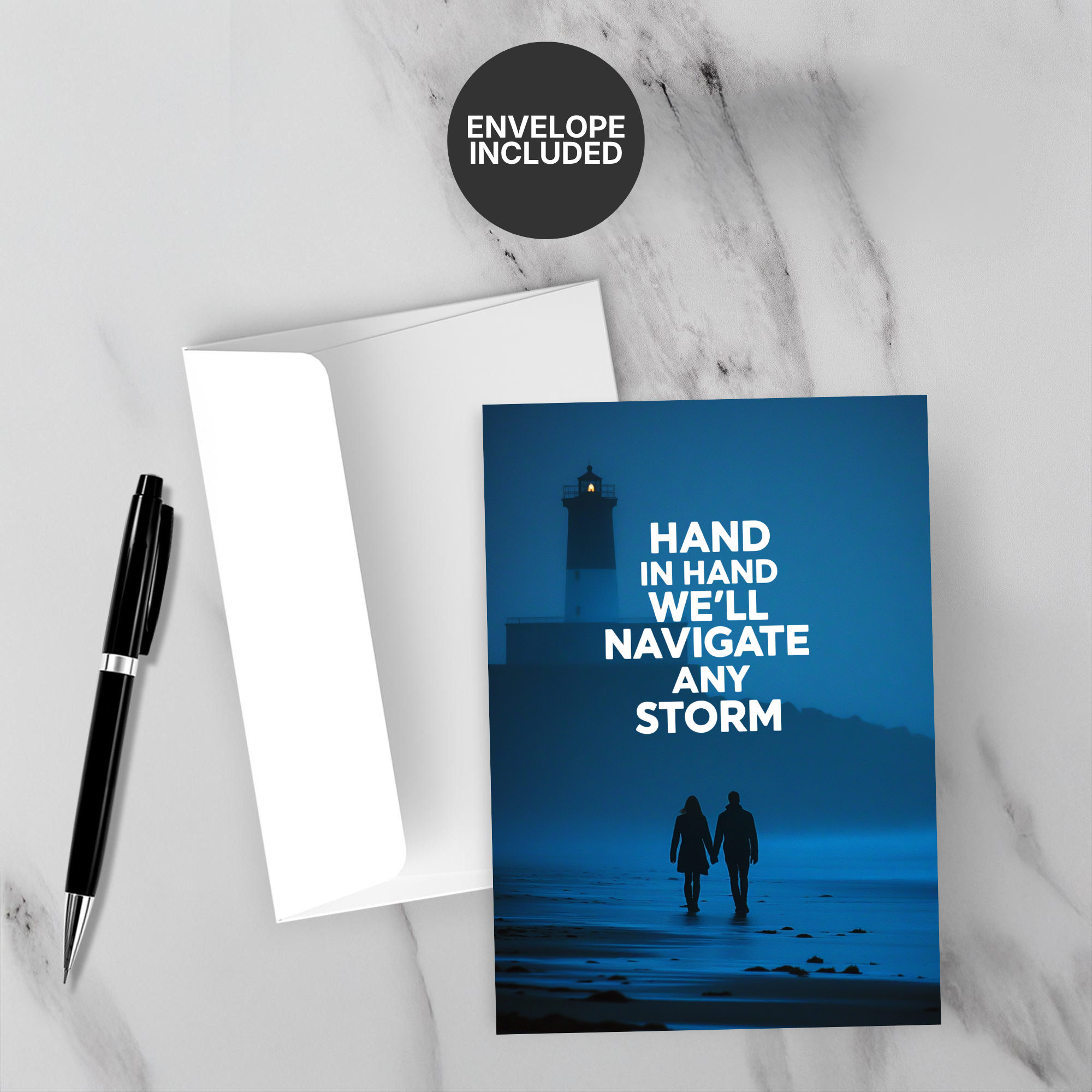 Greeting card with silhouette of two people walking on a beach and text 'Hand in hand we'll navigate any storm' on a marble surface with a pen and envelope.