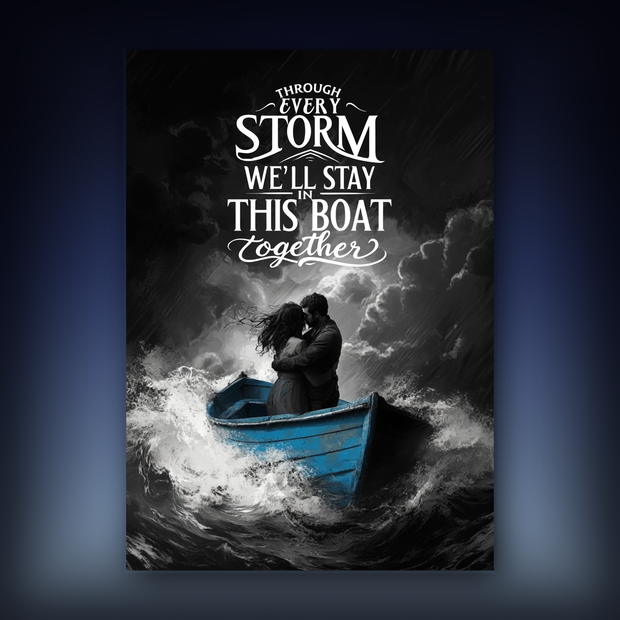 Cards with a couple in a boat amidst stormy waves and text 'Through every storm we'll stay in this boat together' on a dark background.
