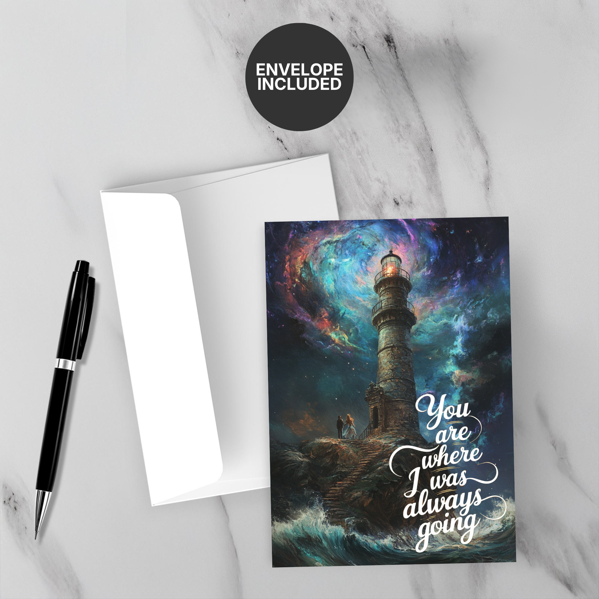 Greeting card with lighthouse design and text, envelope included
