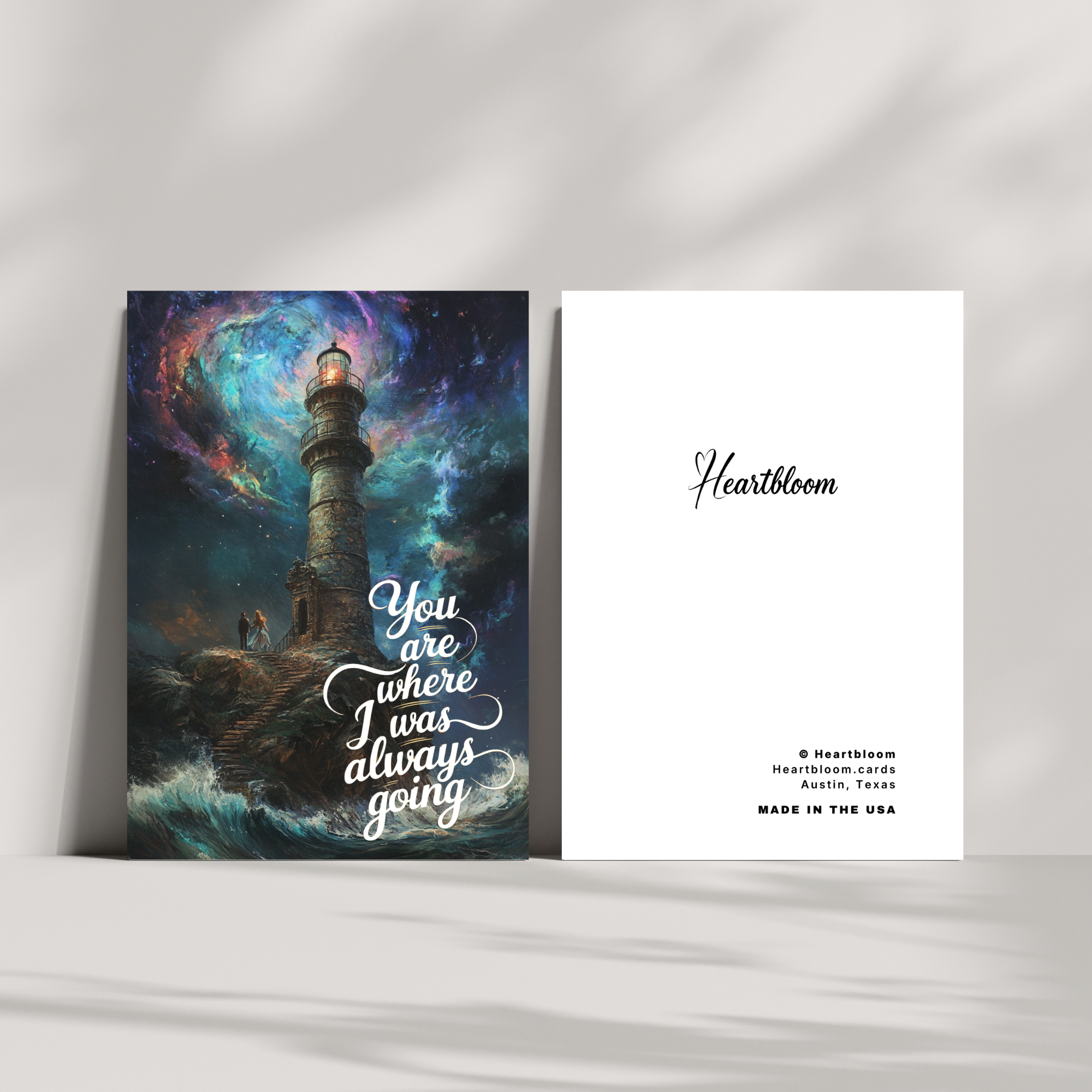 Card with lighthouse design and 'You are where I was always going' text, featuring the brand 'Heartbloom'.
