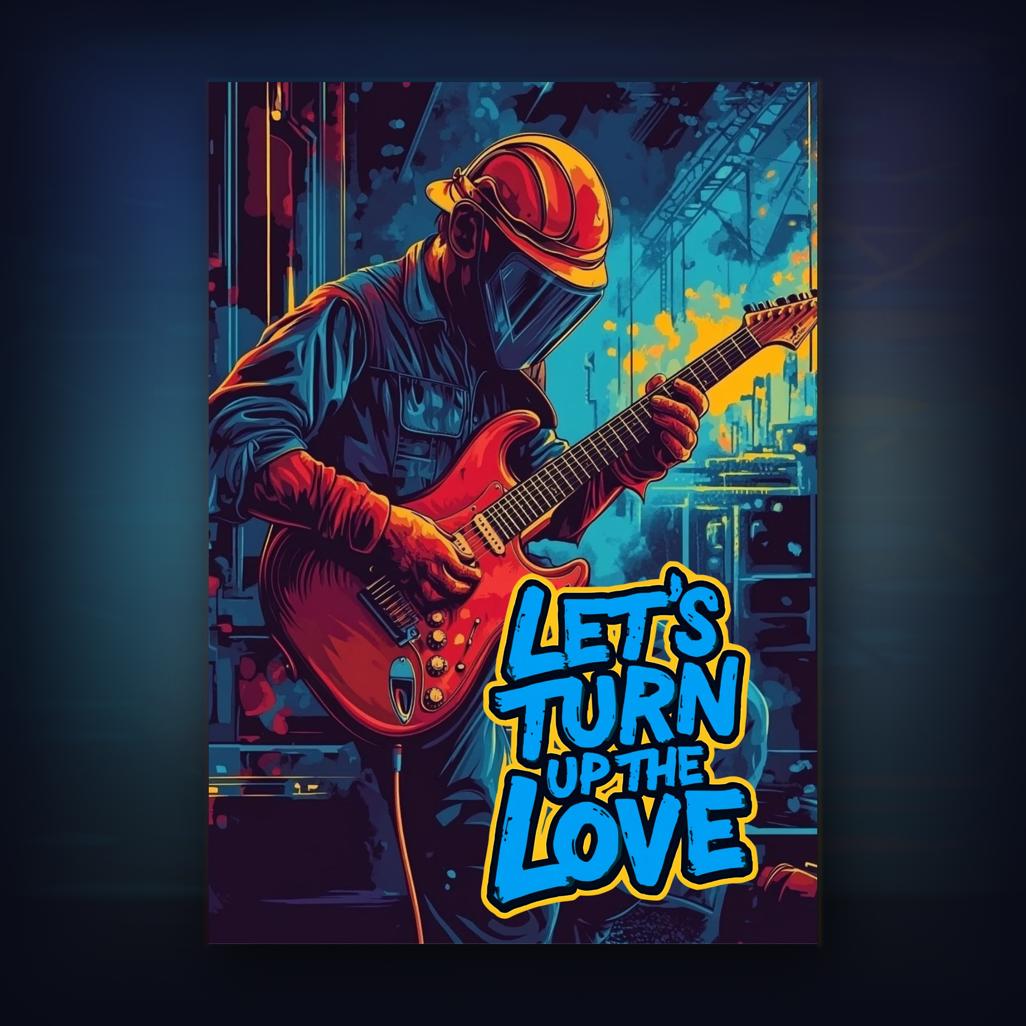 Card of a person playing guitar with 'Let's Turn Up The Love' text in a vibrant setting.