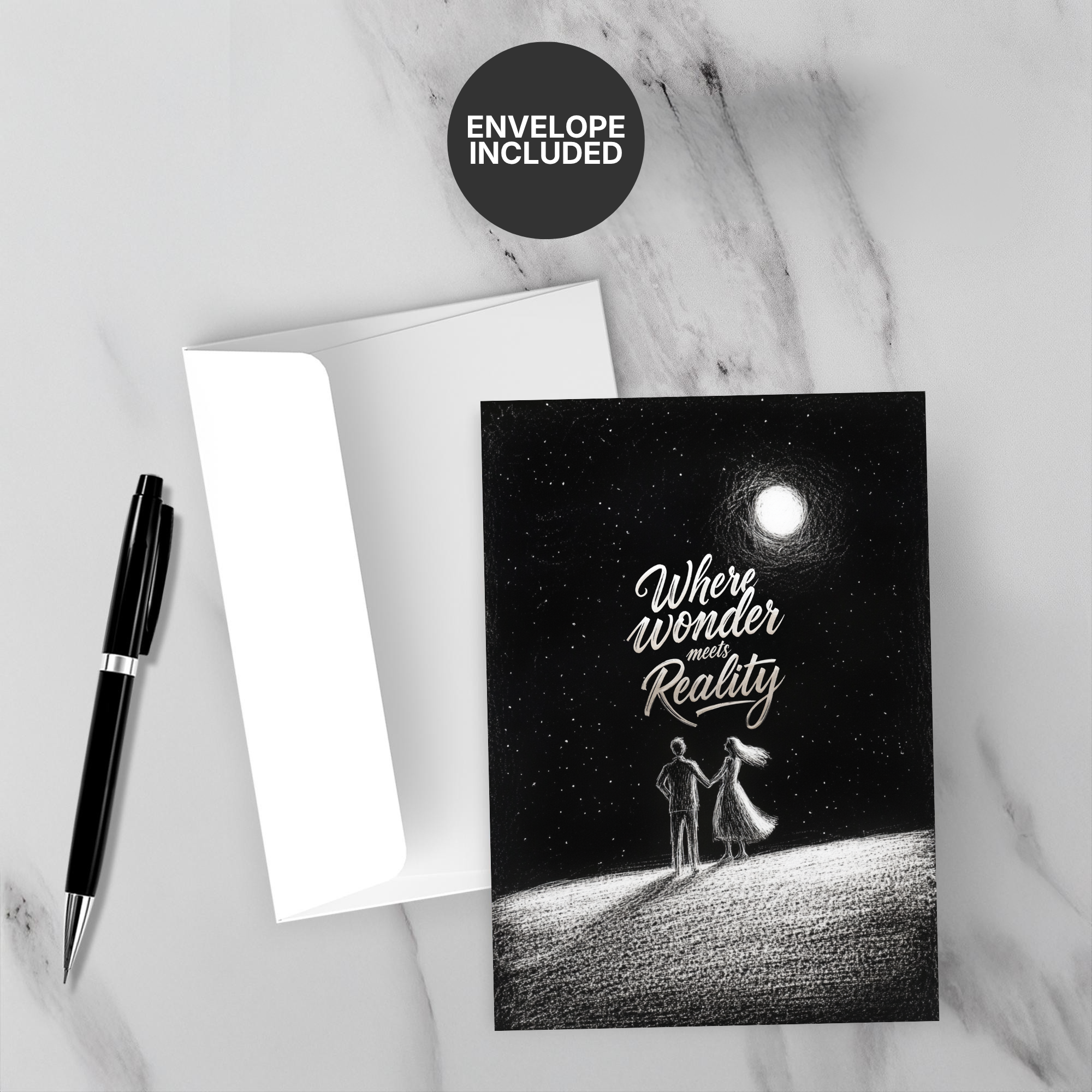 Greeting card with couple under moon and text 'Where wonder meets reality' on a marble surface with a pen and envelope.