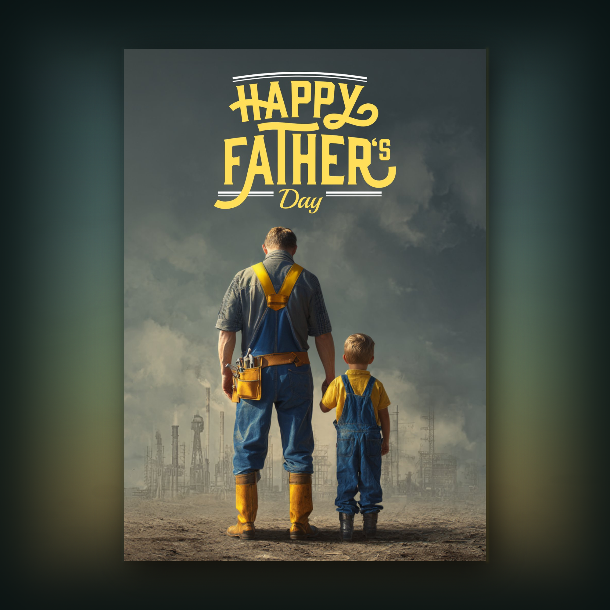 Father and son in overalls with 'Happy Father's Day' text on a stormy background