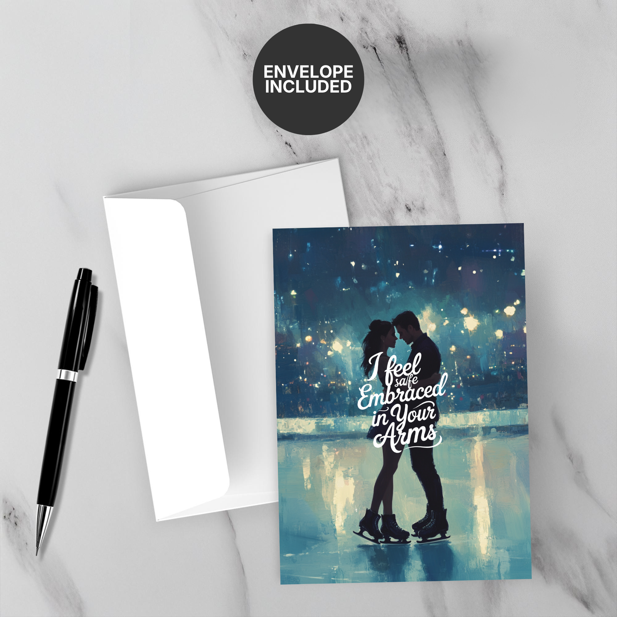 Greeting card with couple on a city street at night ice skating, envelope included.