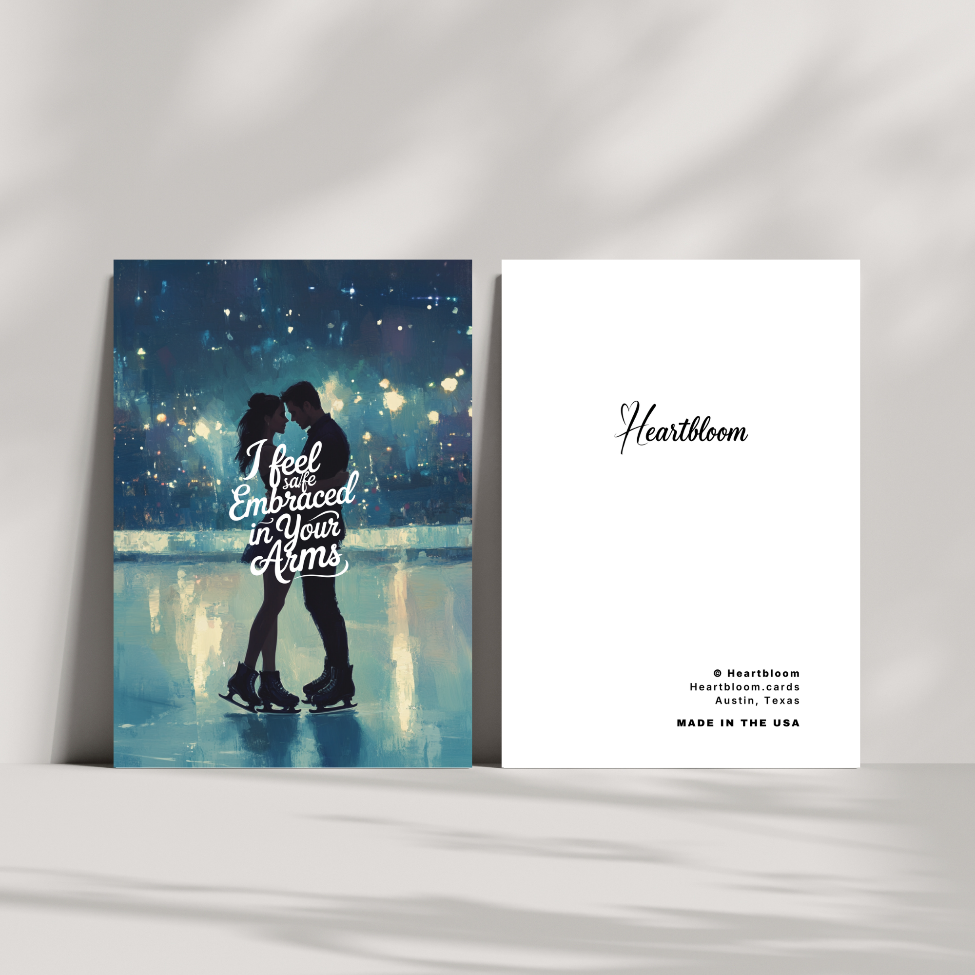 Two greeting cards with romantic design and 'Heartbloom' branding on a white background.