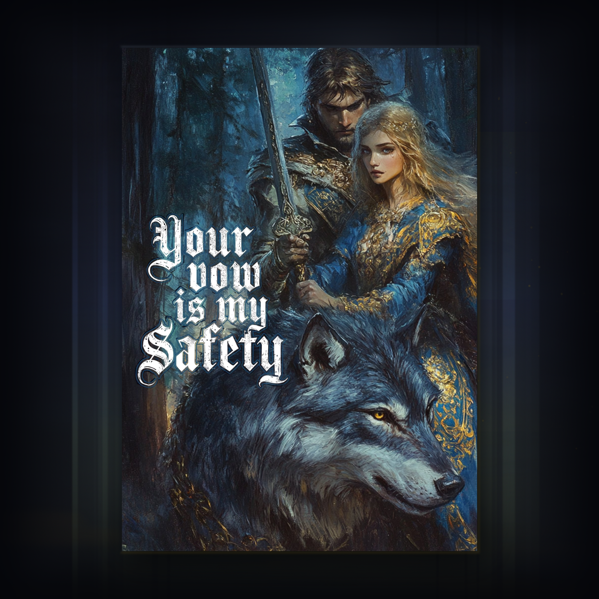 Card with a fantasy scene of a man, woman, and wolf with text 'Your vow is my safety' on a gray background.