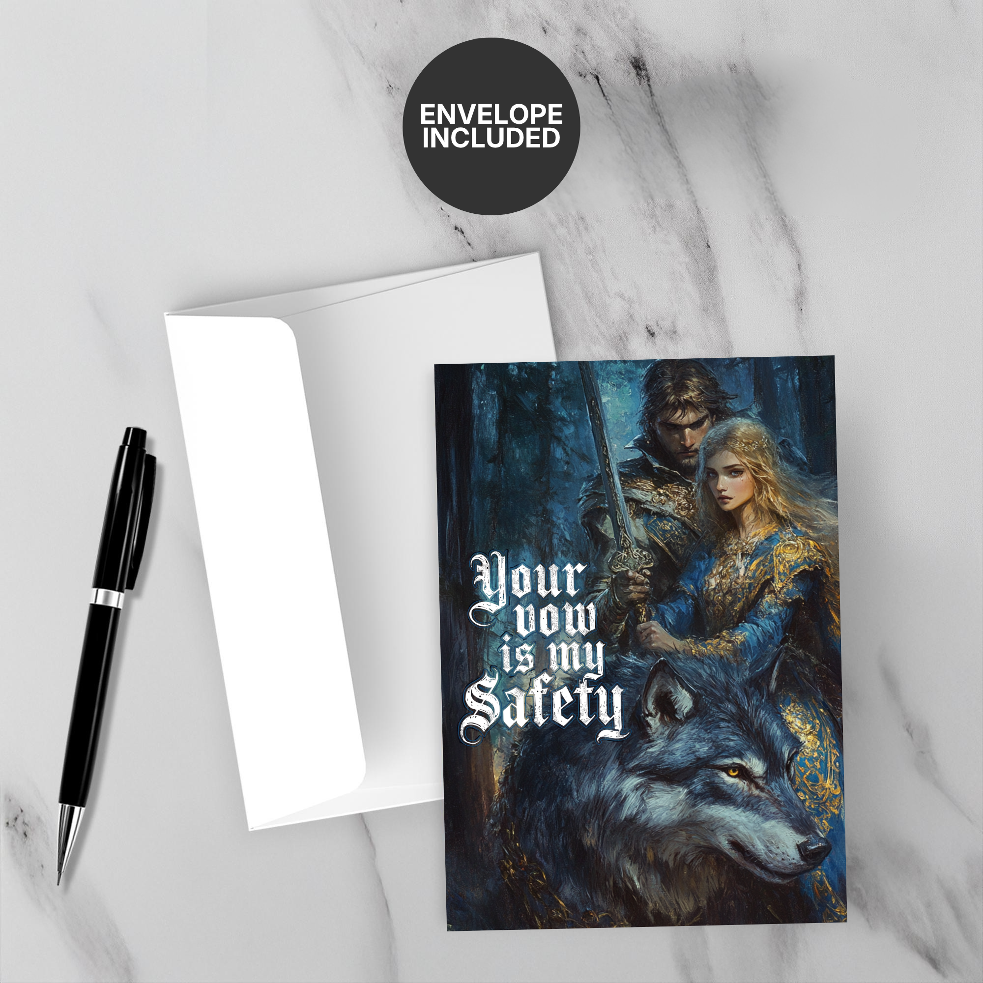 Greeting card with a couple and wolf, text 'Your vow is my safety', white envelope, and pen on marble background.