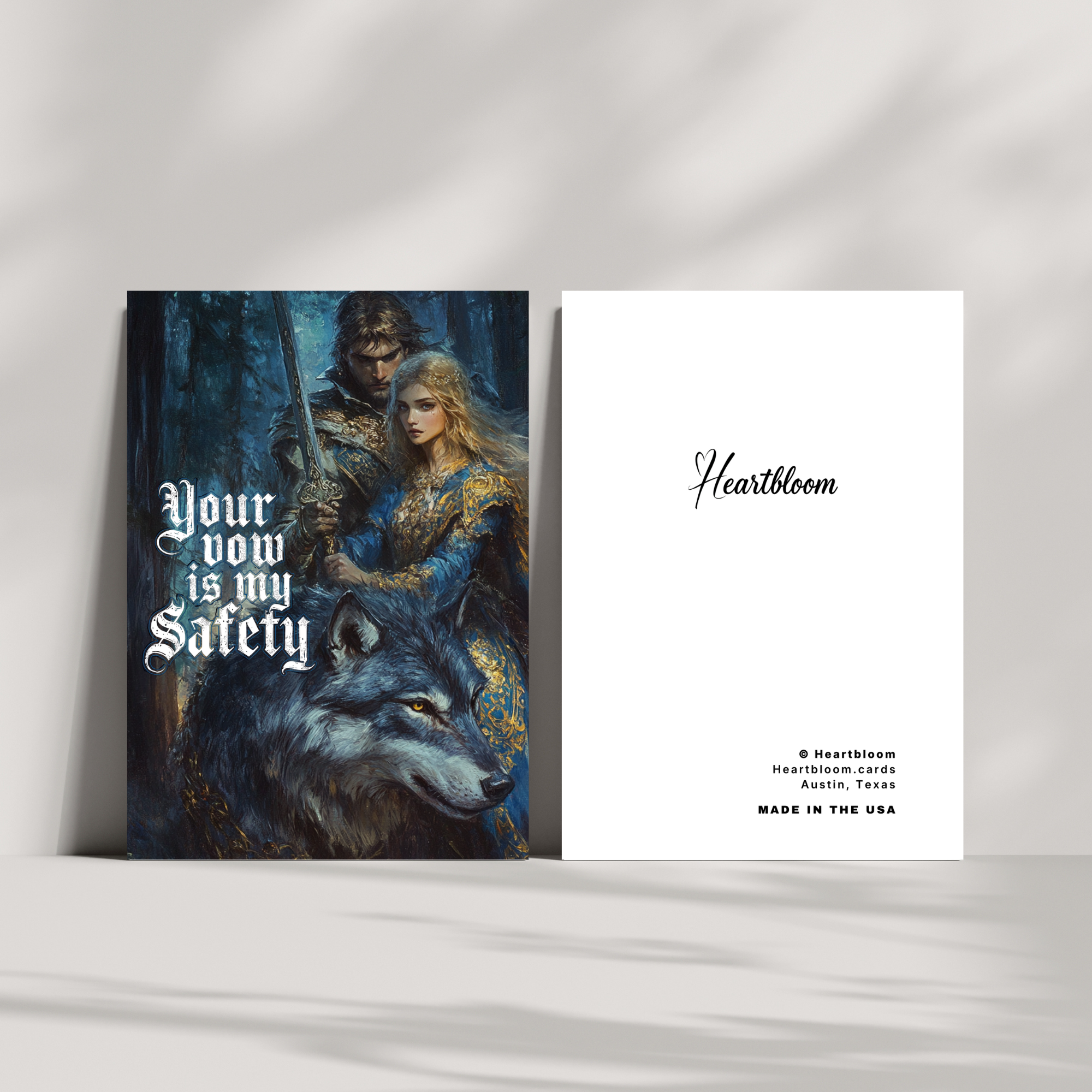Card with fantasy design featuring a warrior, woman, and wolf, alongside 'Heartbloom' branding.