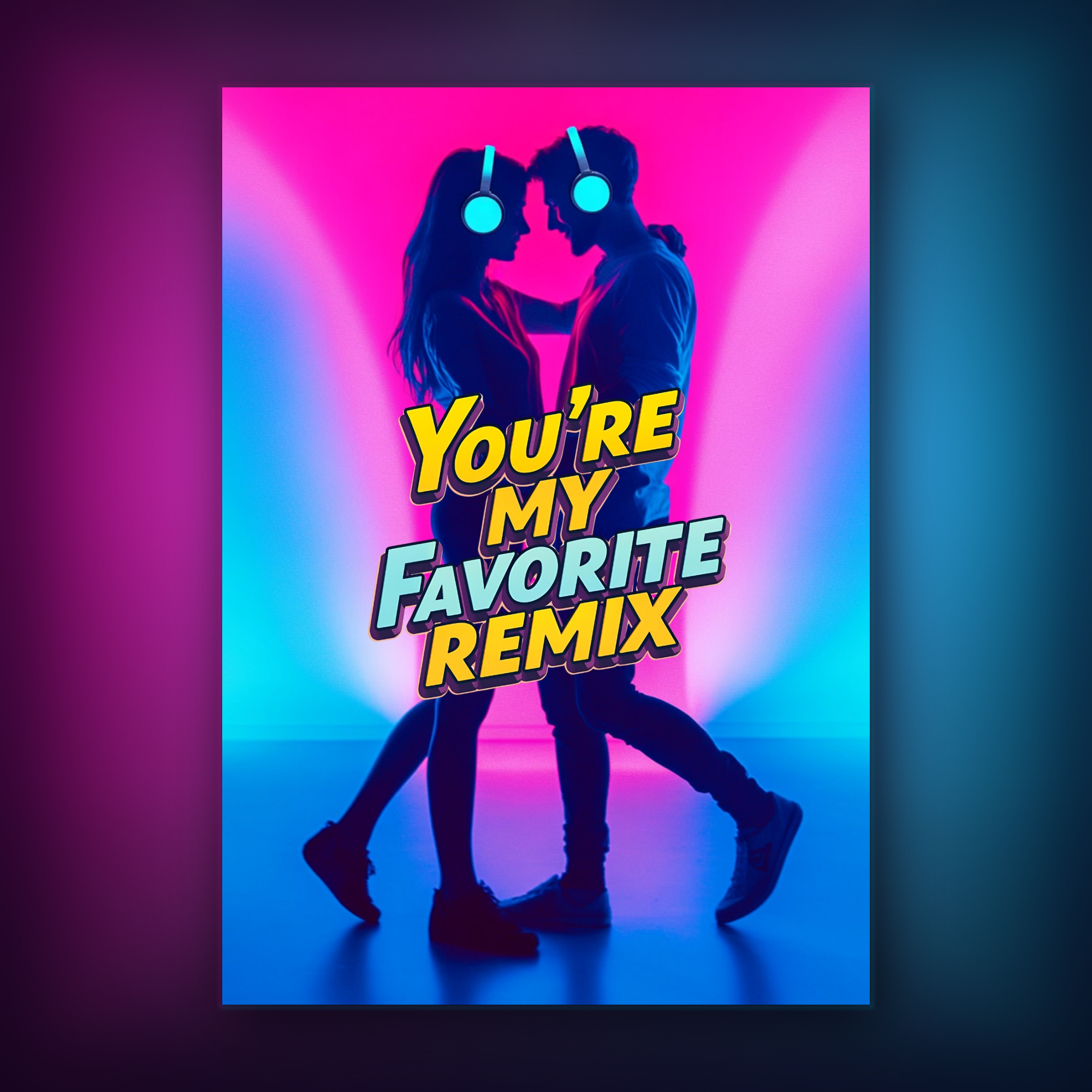 Card with a silhouette of two people and 'You're My Favorite Remix' text against a pink and blue gradient background.