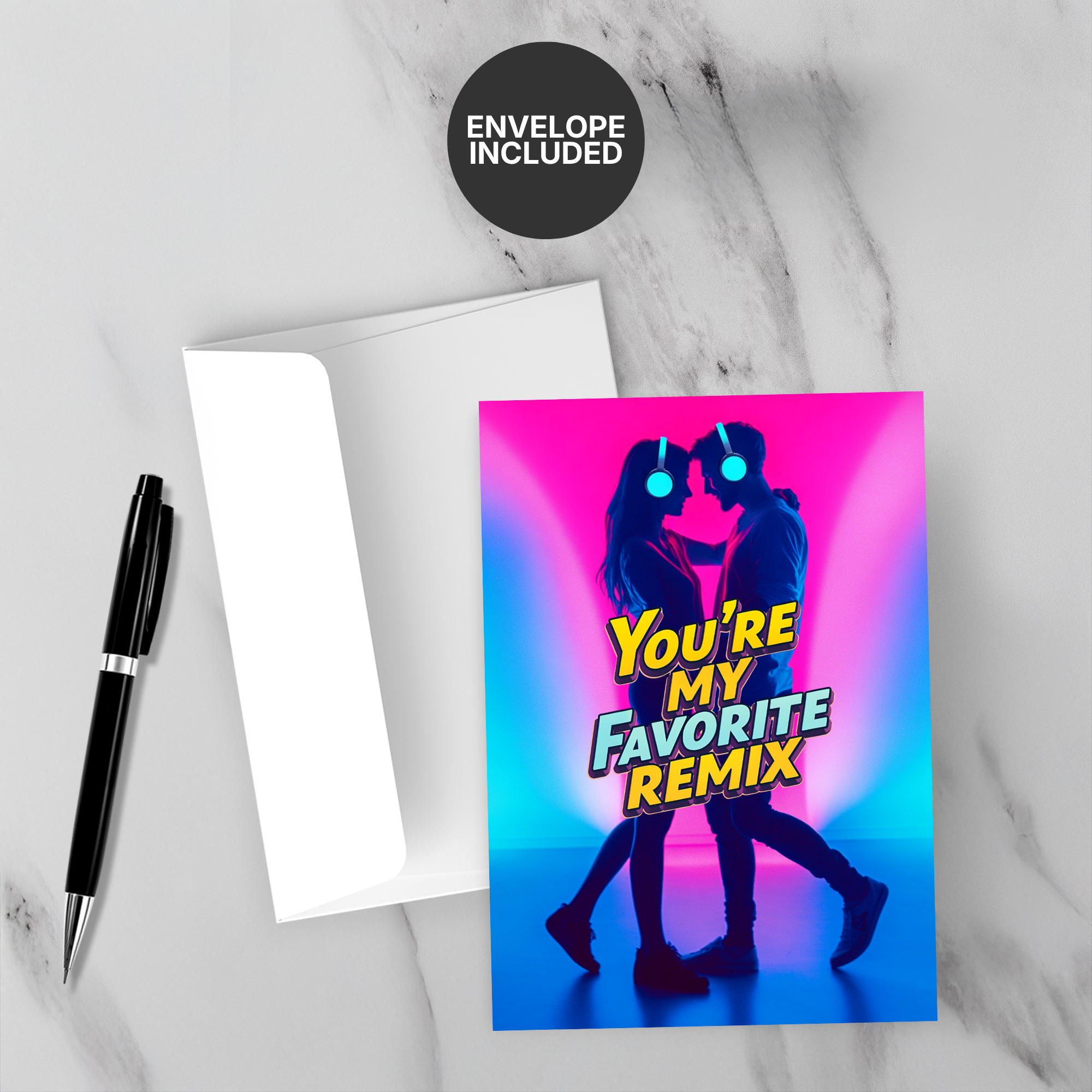 Greeting card with colorful design and text 'You're My Favorite Remix' on a marble surface with a pen and envelope.