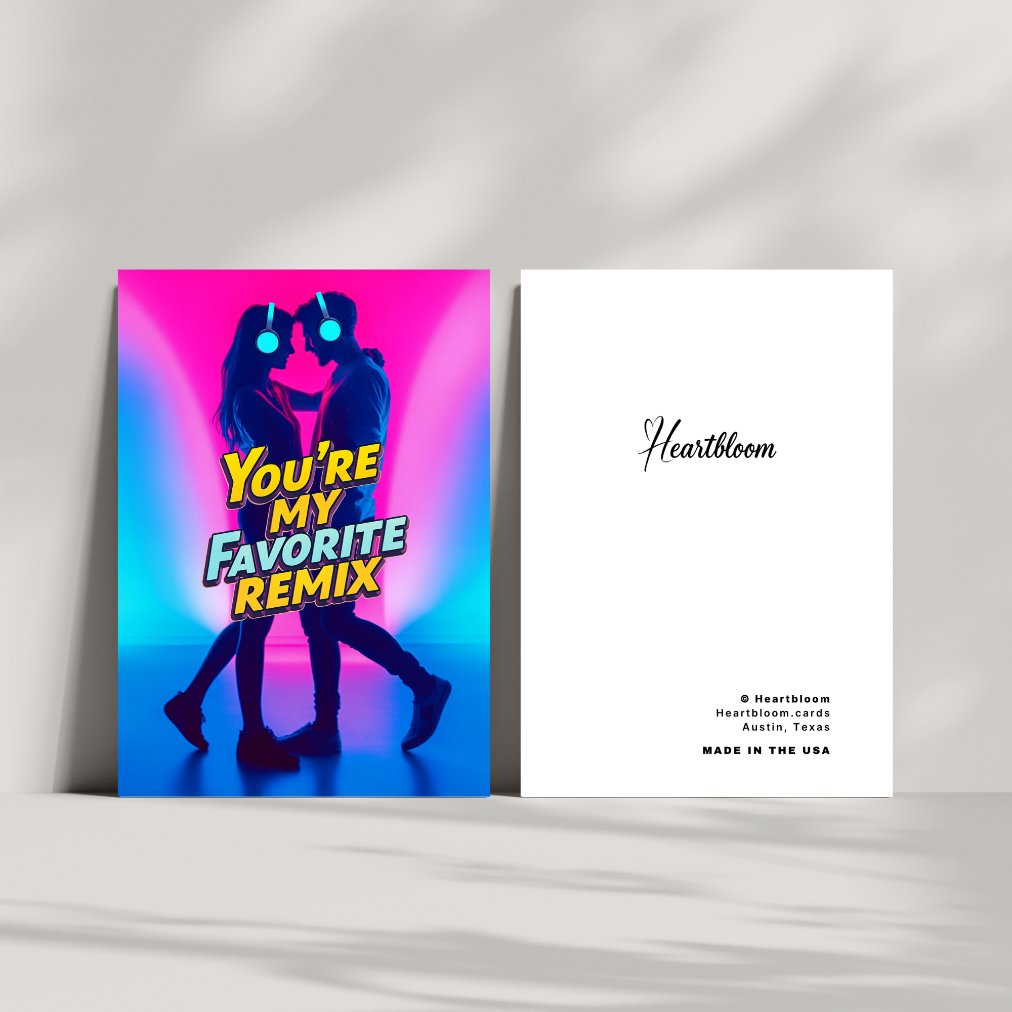 Greeting card with colorful design and text 'You're My Favorite Remix' on a white background