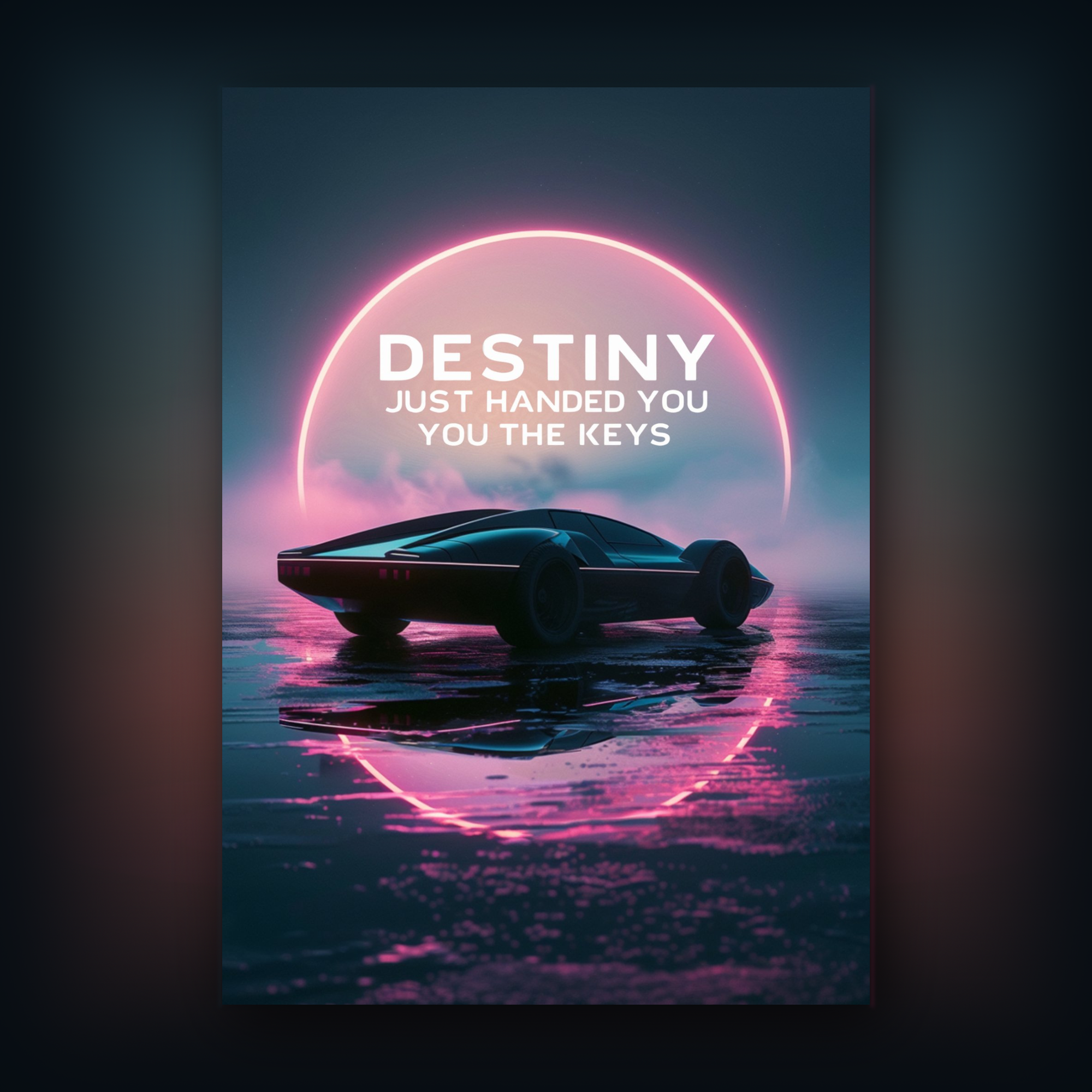 Card of futuristic car on water with neon ring and text 'Destiny just handed you the keys' on a gray background