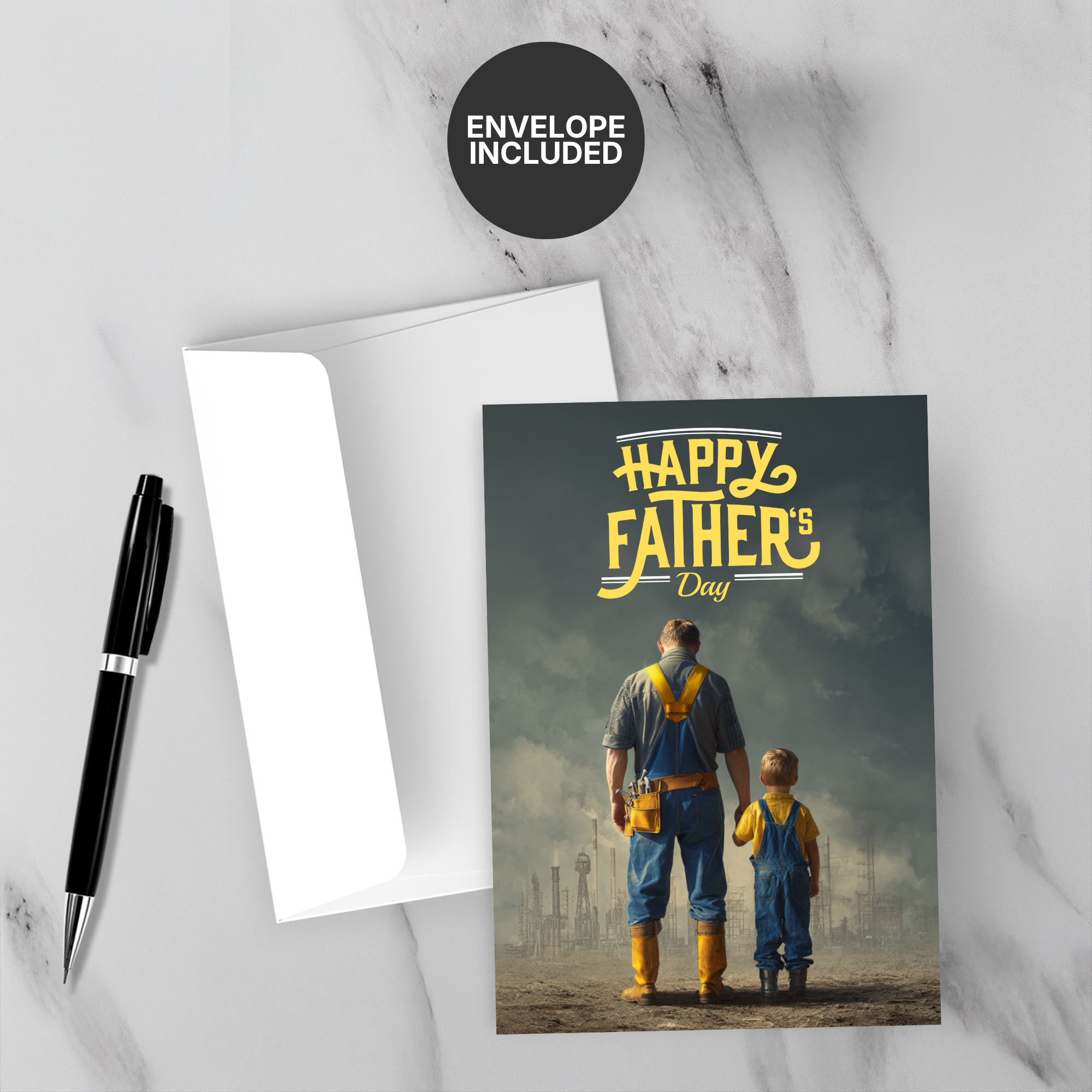 Father's Day card with a father and son in overalls on a marble surface with a pen and envelope.