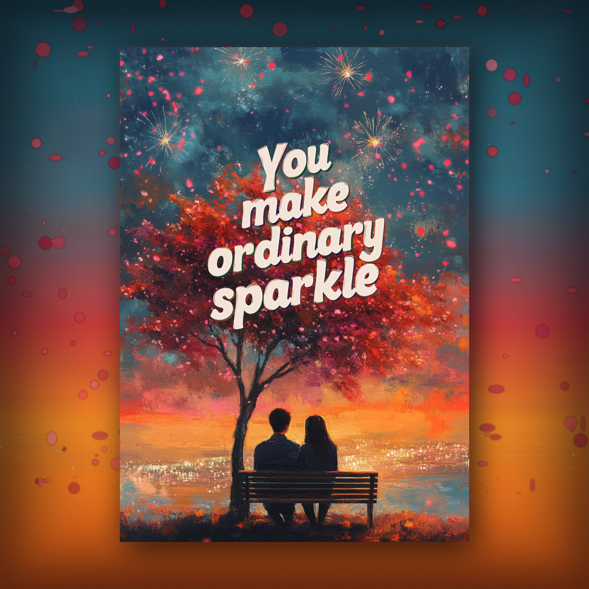 Greeting card with a romantic scene of a couple on a bench under a tree, with text 'You make ordinary sparkle' against a colorful sky.