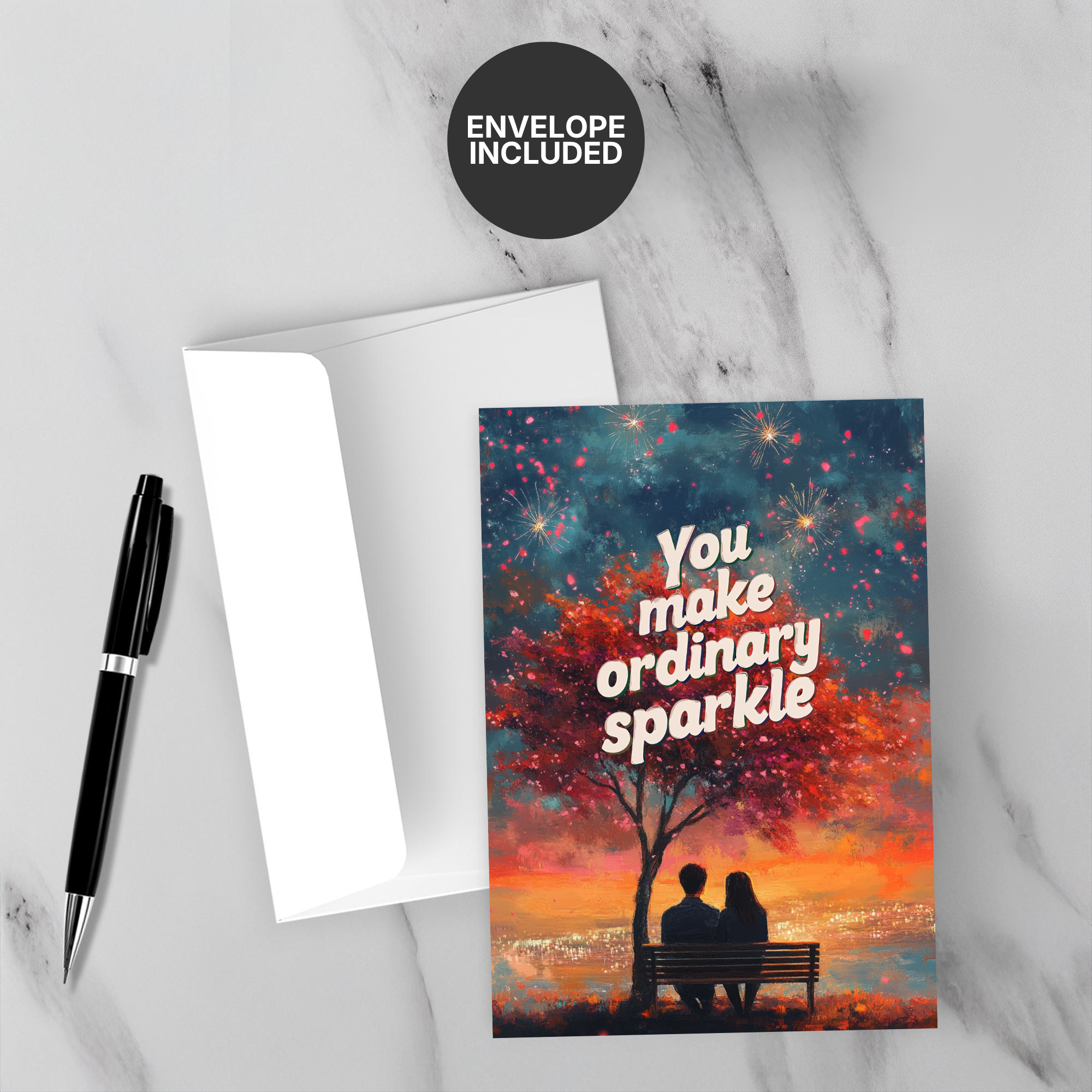 Greeting card with romantic design and 'You make ordinary sparkle' text, accompanied by a pen and envelope on a marble surface.