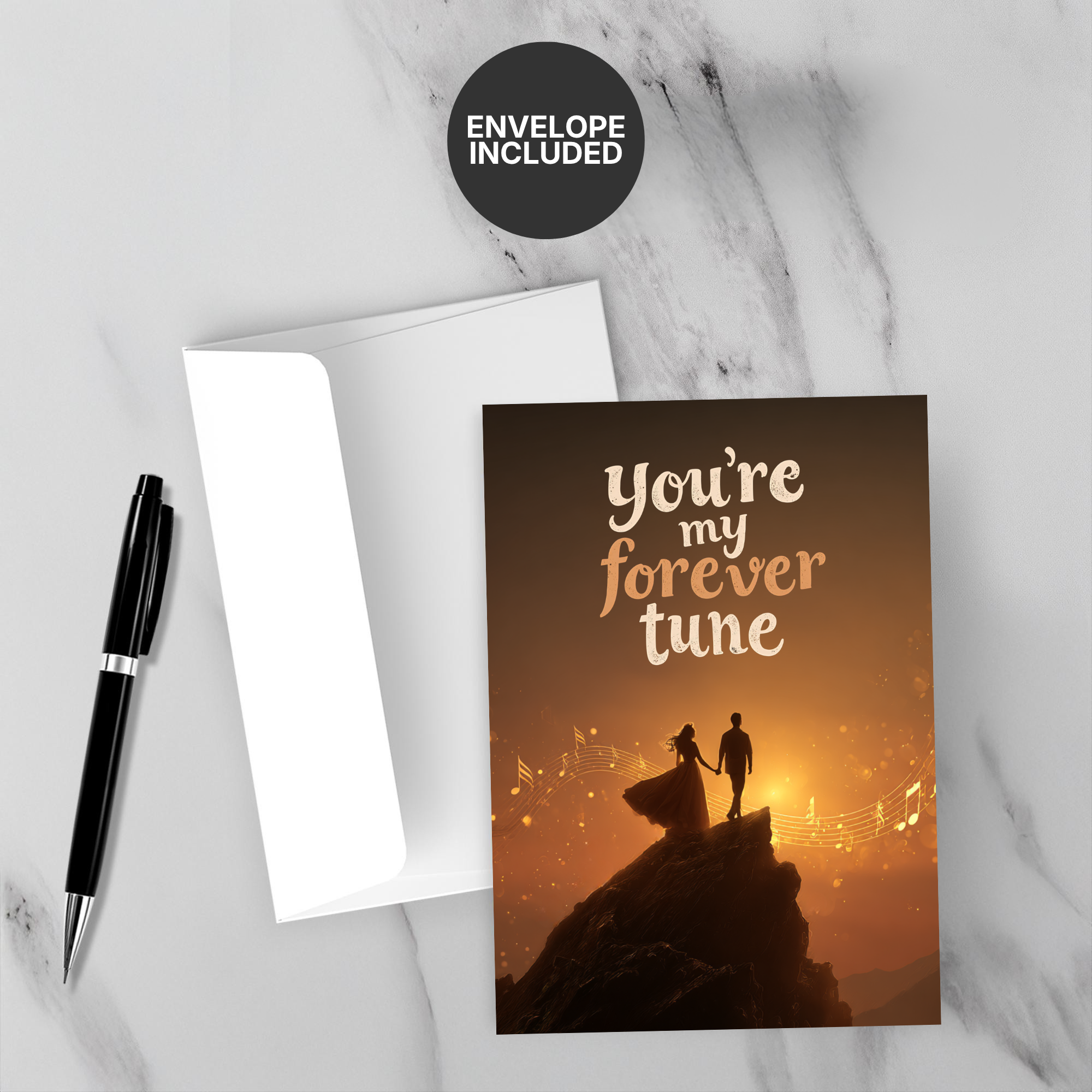 Greeting card with 'You're my forever tune' text, envelope, and pen on a marble surface.