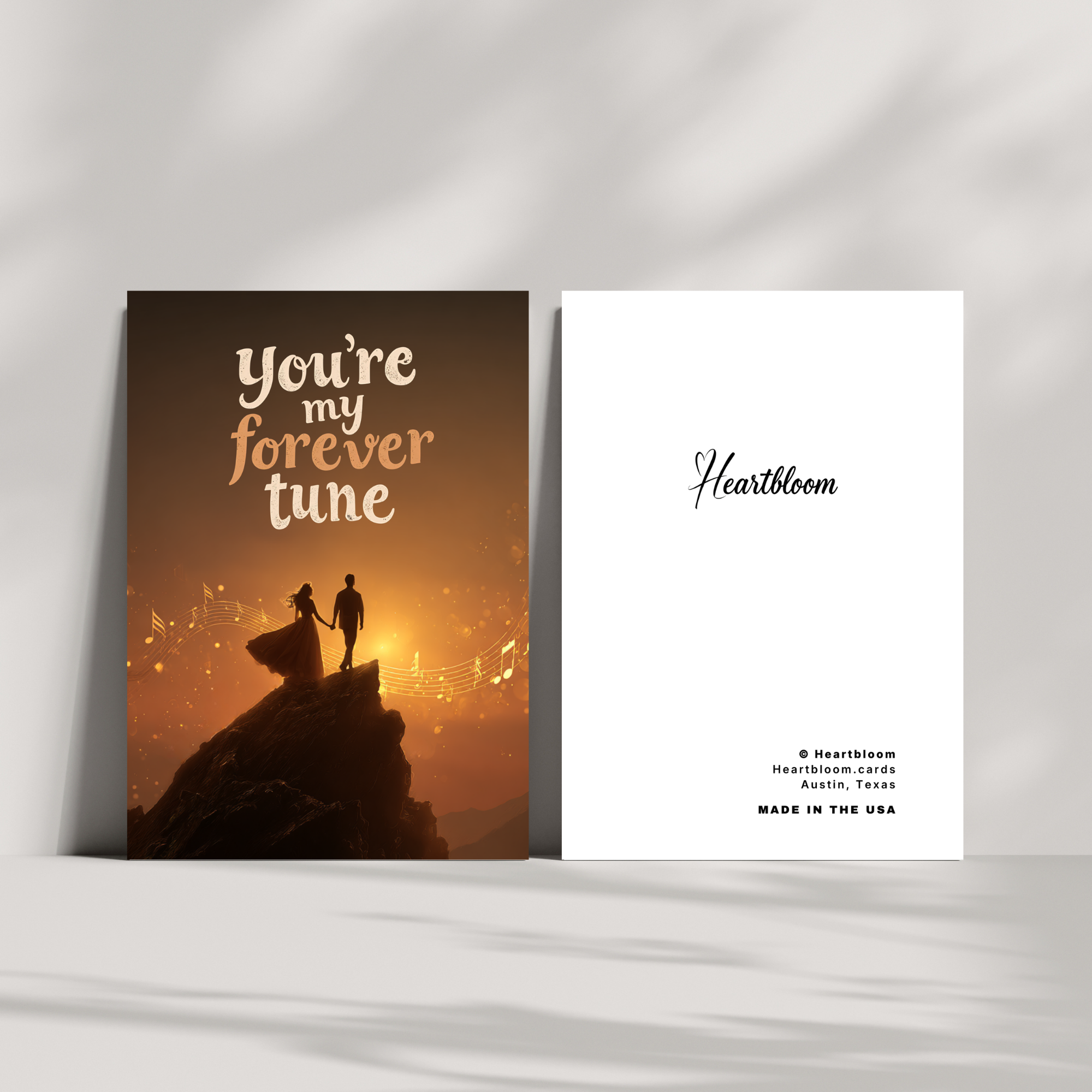 Heartbloom card packaging with a romantic design and 'You're my forever tune' text.